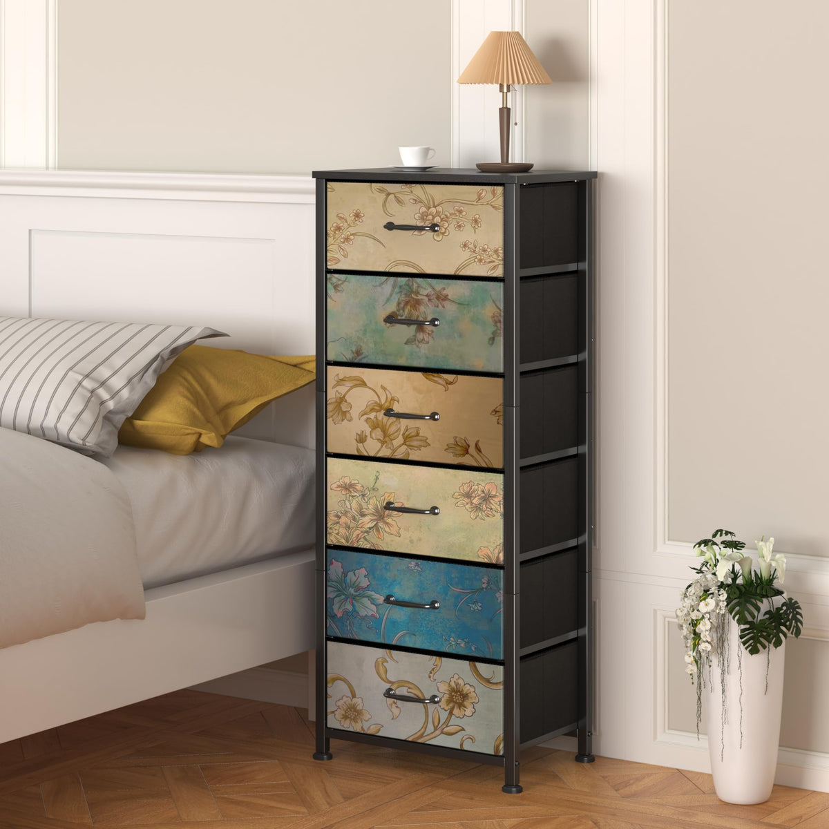 CAIYUN Chest of Drawers Bedroom with 6 Drawers, Tall Fabric Dressers with Flower Printing, Dresser for Entryway Hallway Living Room, Closet Storage