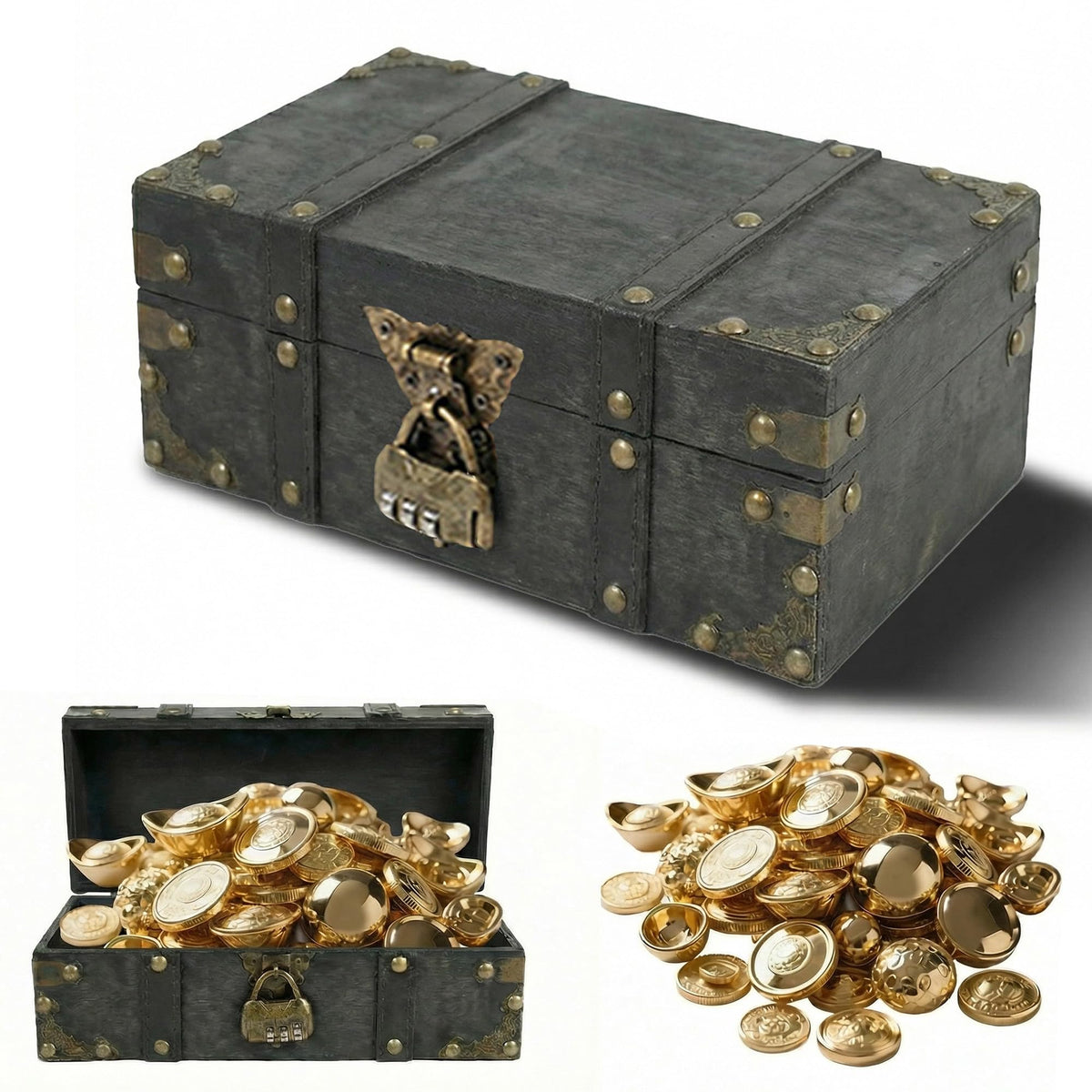 SZHUGEKI Vintage Wooden Treasure Chest Box with Lock, 24 x 17 x 9.5 cm