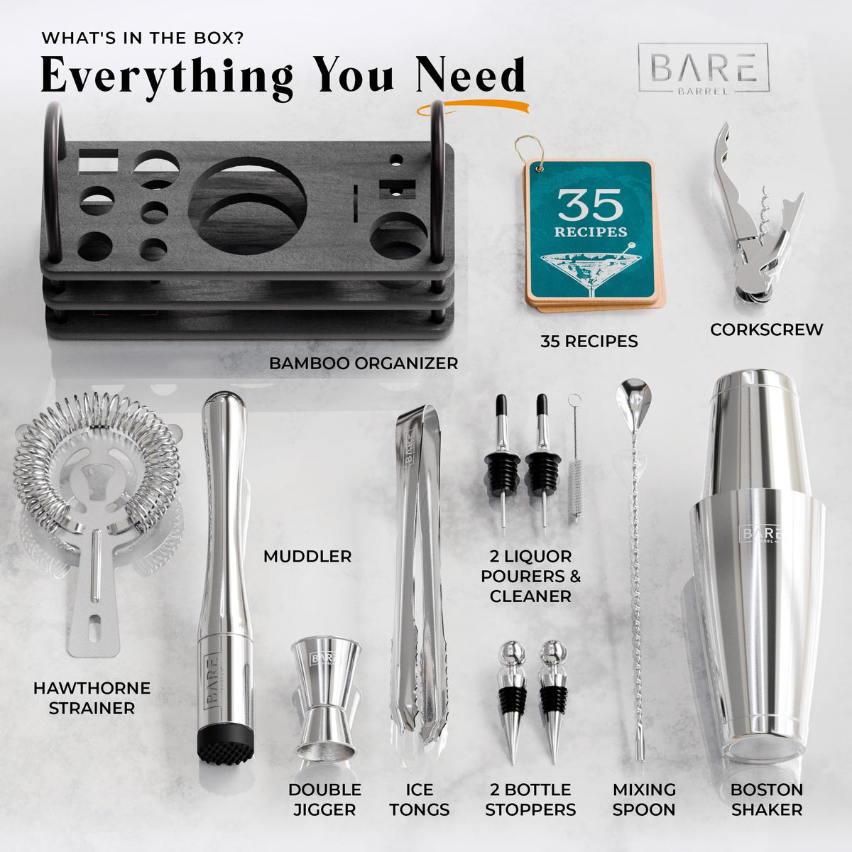 BARE BARREL Cocktail Making Kit | 14-Piece Bartender Kit Cocktail Shaker Set Maker | Display Stand & 35 Recipe Cards | Mixology Cocktail Gift Set