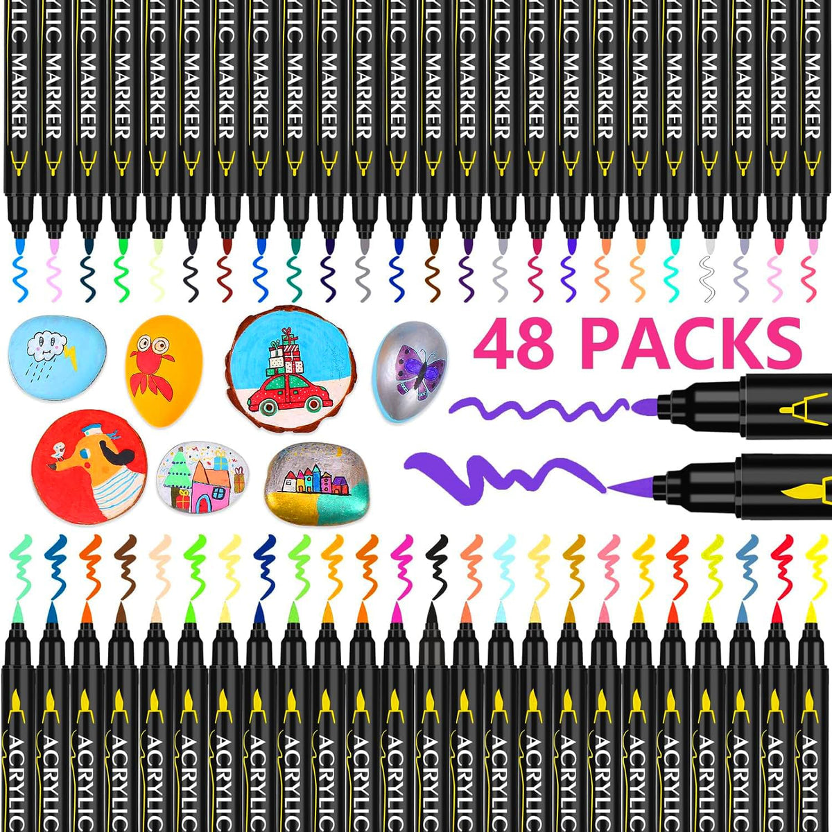 Laconile 48 Acrylic Paint Pens for Rock Painting,Acrylic Markers Paint Markers for Glass Stone Wood Ceramic,Dual Tip Acrylic Pens with Fine and Brush