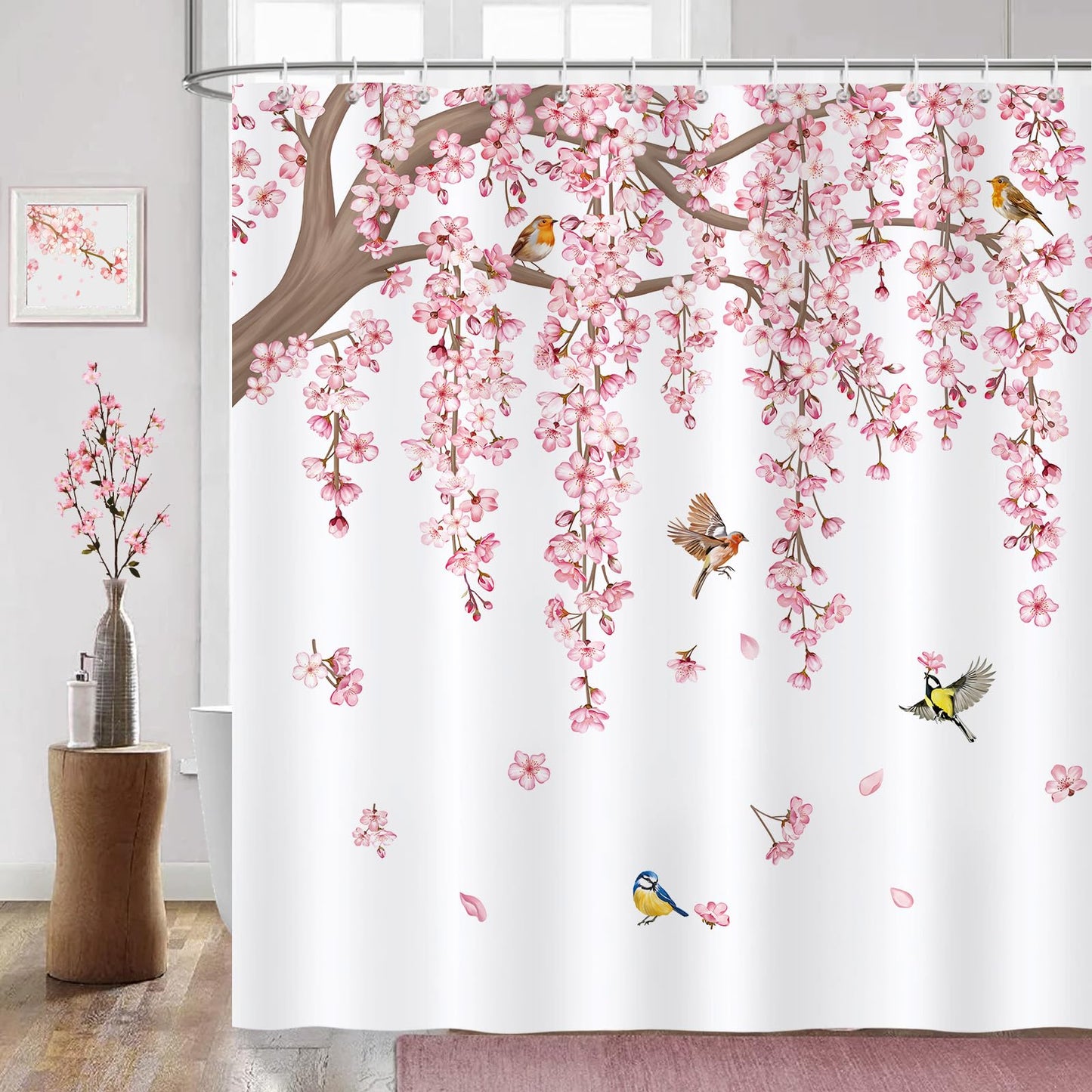 COZZSNUGE Pink Cherry Blossom Shower Curtain, Japanese Sakura Floral Birds Bathroom Curtain 183 x 183 cm, Water Repellent Mildew Resistant Polyester