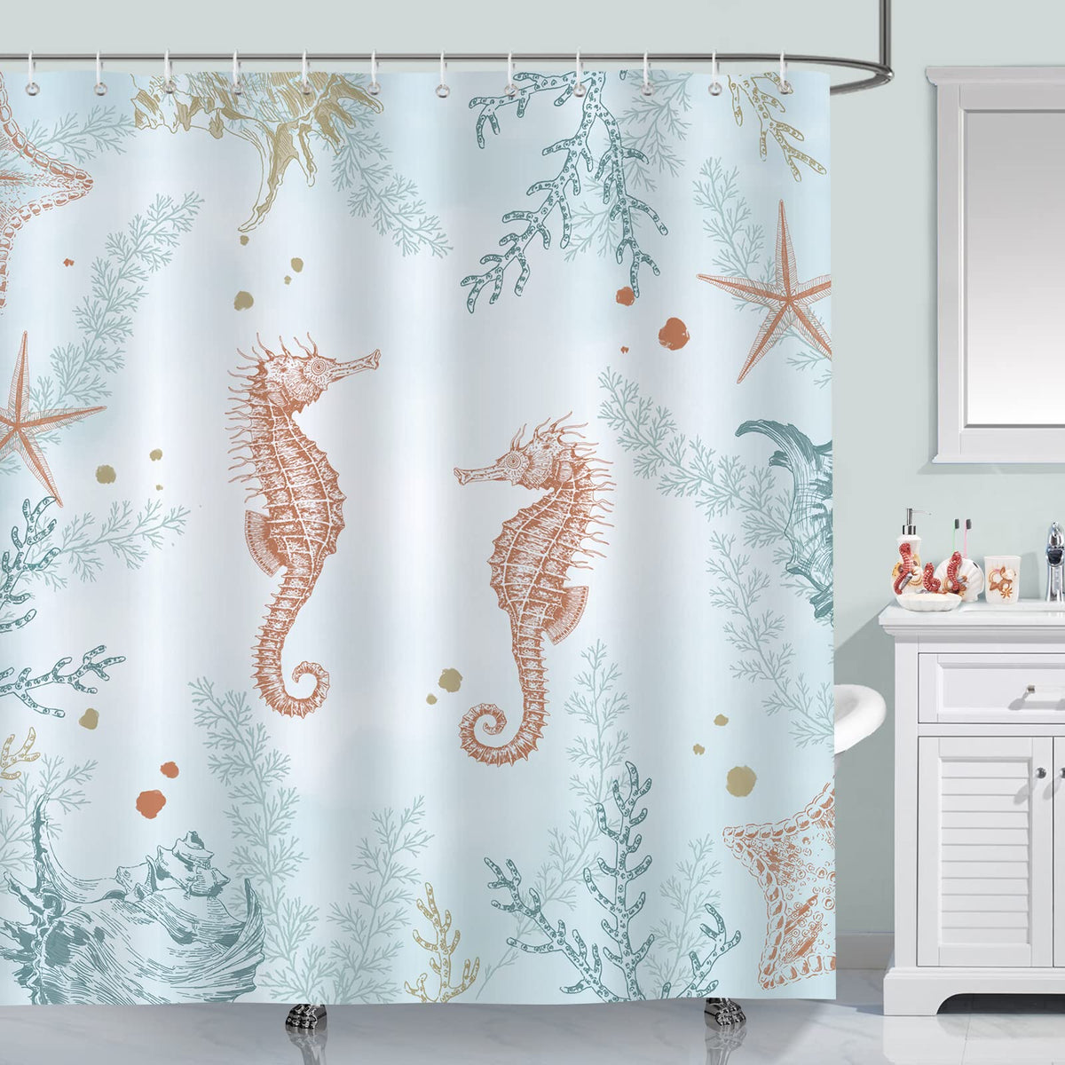 Bonhause Beach Seahorse Shower Curtain 180 x 180 cm Starfish Coral Ocean Coastal Bathroom Curtain Mildew & Mould Resistant Polyester Fabric Bath
