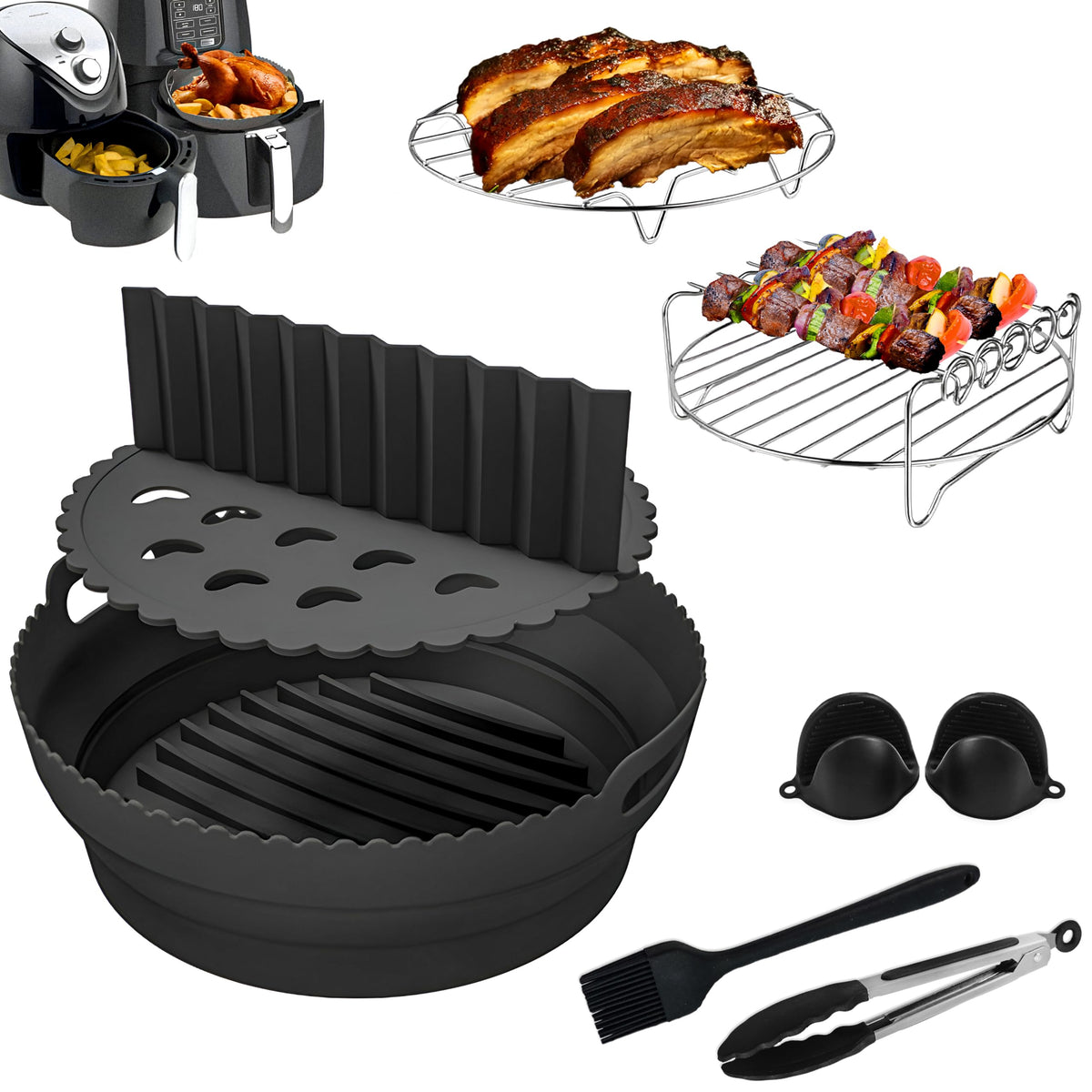 9 Pcs Premium Ninja Air Fryer Accessories, Collapsible Round Silicone Air Fryer Liner, Design to fit AF100UK, AF160UK, Ninja 15 in 1 Multicooker, 3.8L