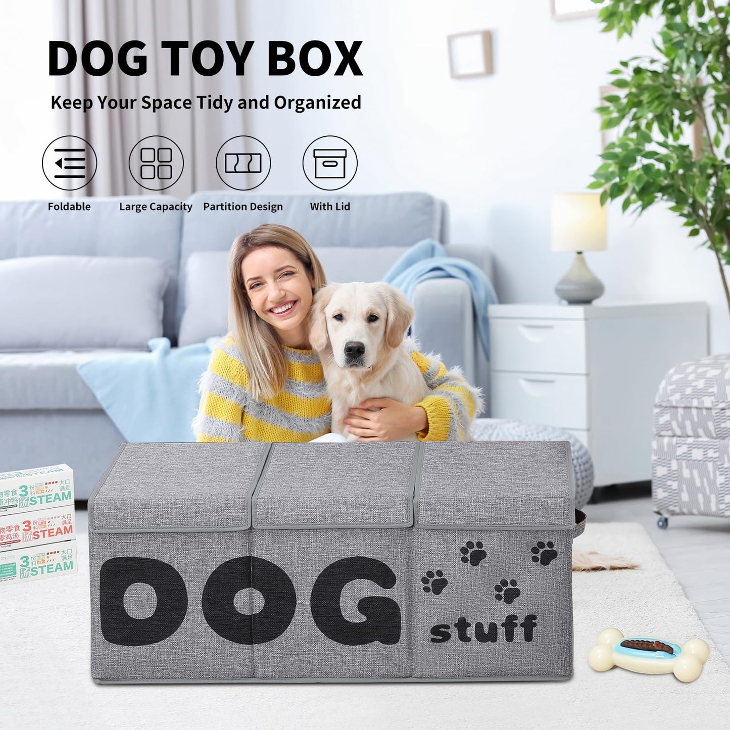 Qozary Dog Toy Storage Box - 3 Grids Large Dog Toy Basket and Storage Bin With Lid for Pet Supplies, Perfect To Keep Everything Organized