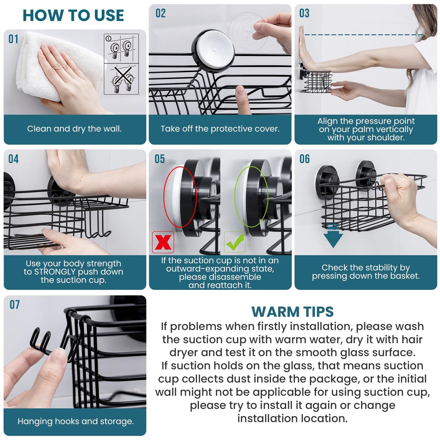 TAILI Suction Shower Caddy Stainless Steel Rustproof Suction Cup, Black