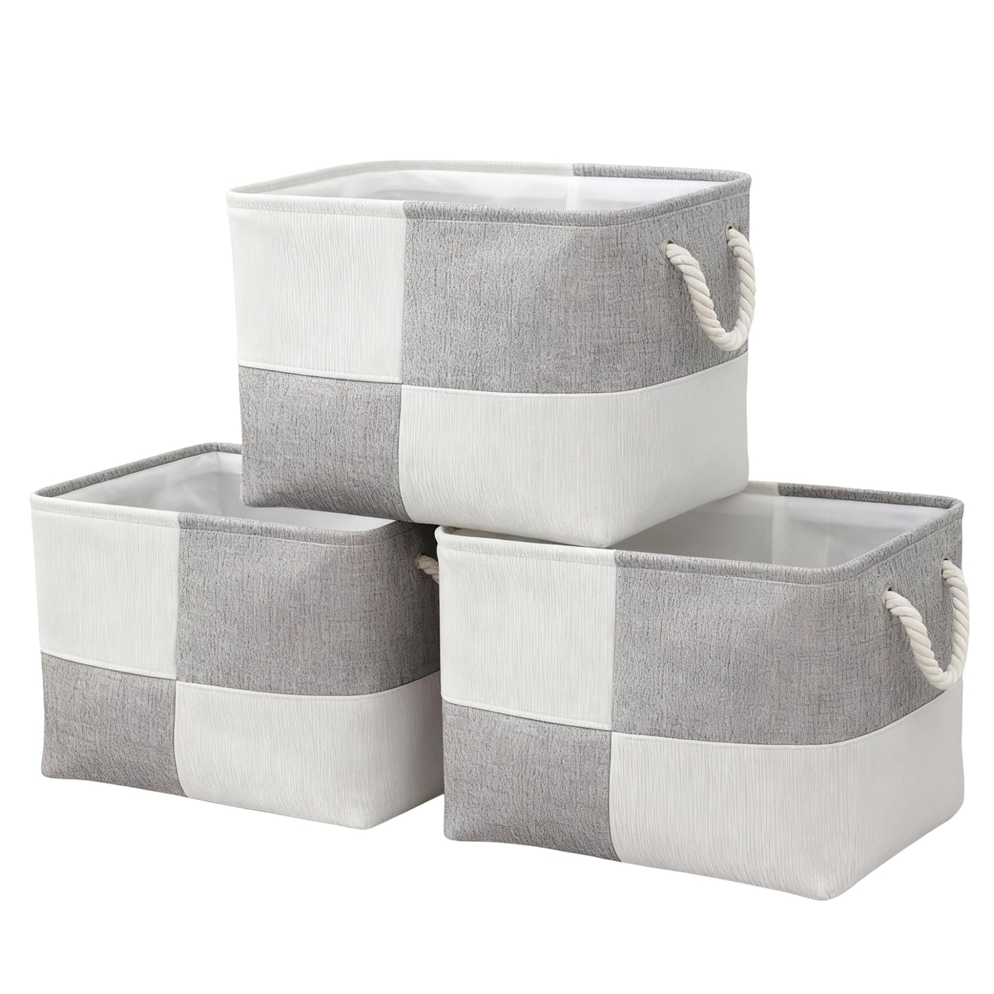 flaxarne Fabric Storage Box with Sturdy Rope Handles,3-Pack Foldable Storage Bins for Closets,Baskets for Shelves,Bedding,Clothes,40*30*30 cm