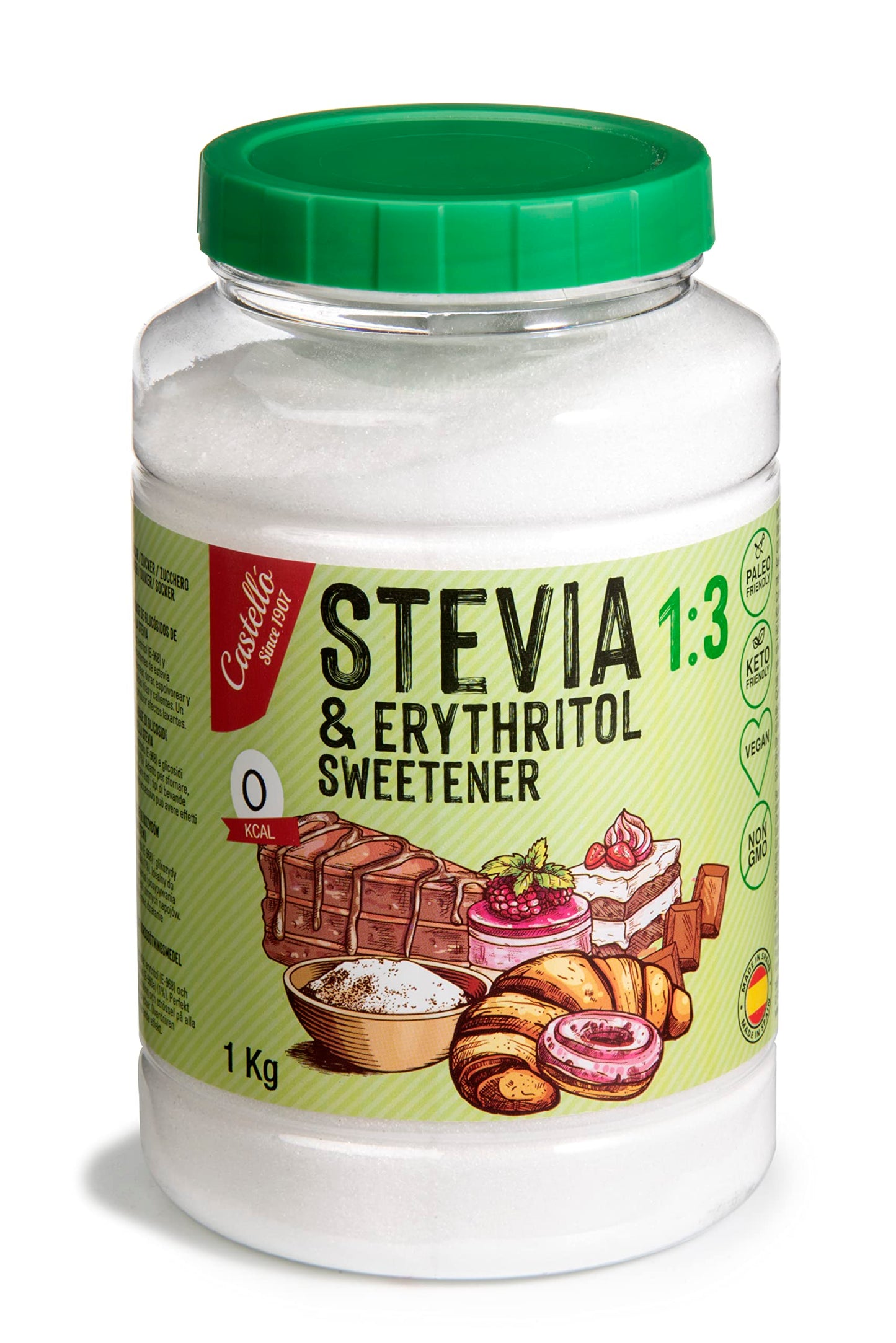 Castello since 1907 Stevia + Erythritol 1:3 Sweetener | 1g = 3g of sugar | 100% Natural taste Sugar Substitute - 0 Calories - 0 Glycemic Index - Keto
