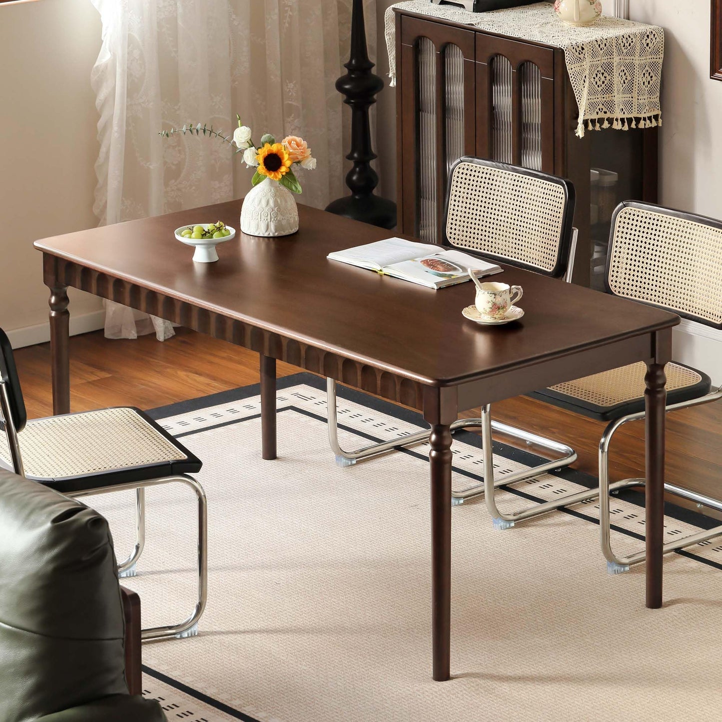 140cm Solid Poplar Wood Dining Table Dark Walnut Finish Rectangular Solid