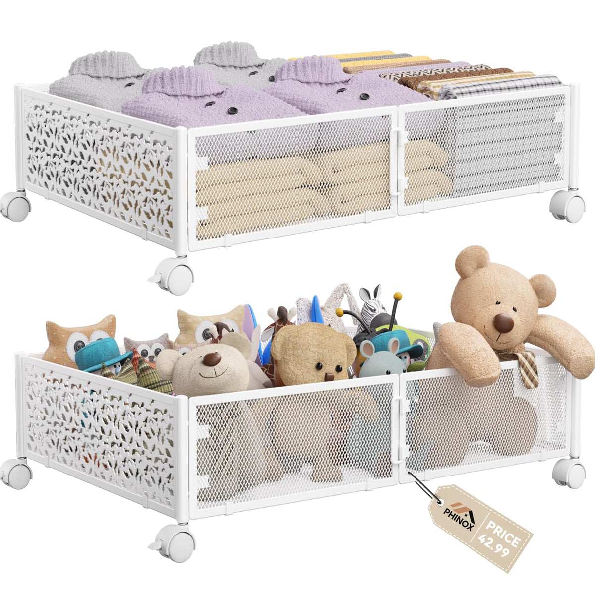 PHINOX Under Bed Storage Box on Wheels, Metal, White, 2 Pack