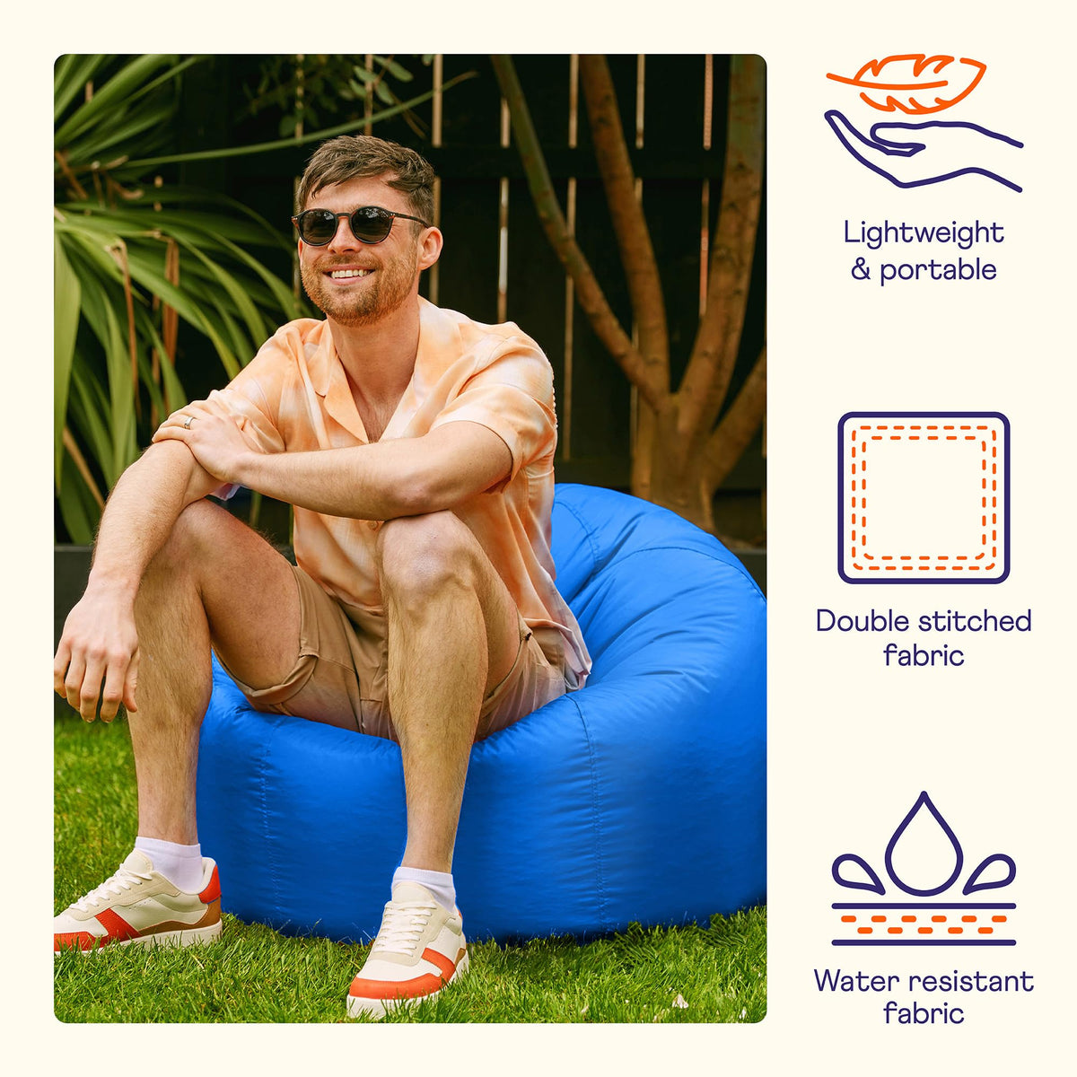 Bean Bag Bazaar Outdoor Bean Bag, Blue, Water Resistant Fabric, Large Beanbag with Filling Included, Floor Chair, Garden Chair, Outdoor Seating,