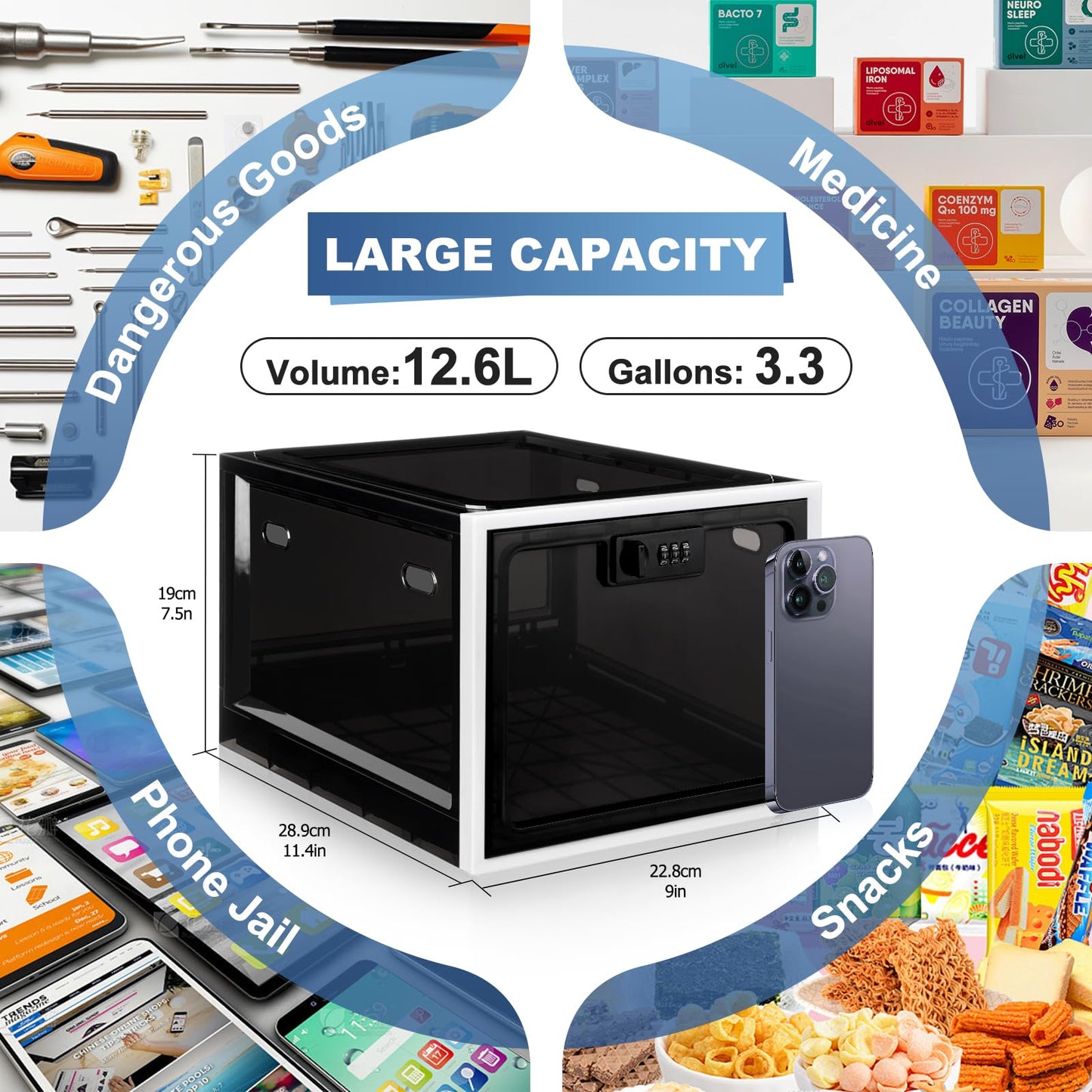 Gemaxvoled Lockable Medicine Box, Medicine Storage Box, Premium Material Lockable Storage Bin Organiser Box for Fridge Food/Snacks/Phone/Tablet