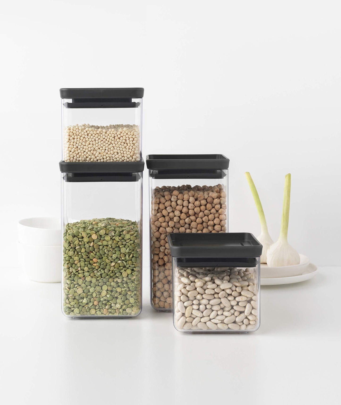 Brabantia Set of 4 Tasty+ Square Stackable Food Canisters/Storage Jars (Dark Grey) Space Saving Transparent Plastic Tubs with Lids, (122422)