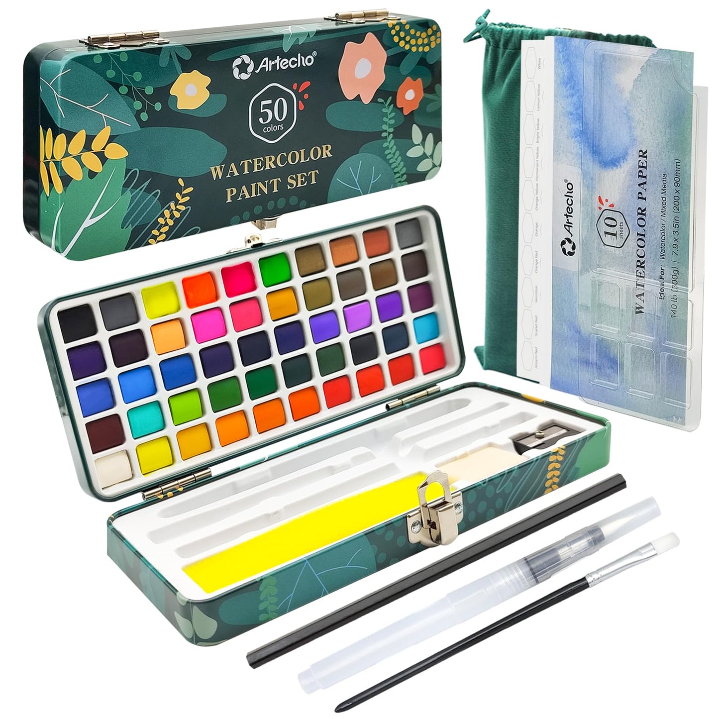 Artecho Watercolour Paint Set 50 Colors in Portable Box Including 4 Fluorescent Colors, Travel Watercolour Set with Water colour Papers, Brushes and