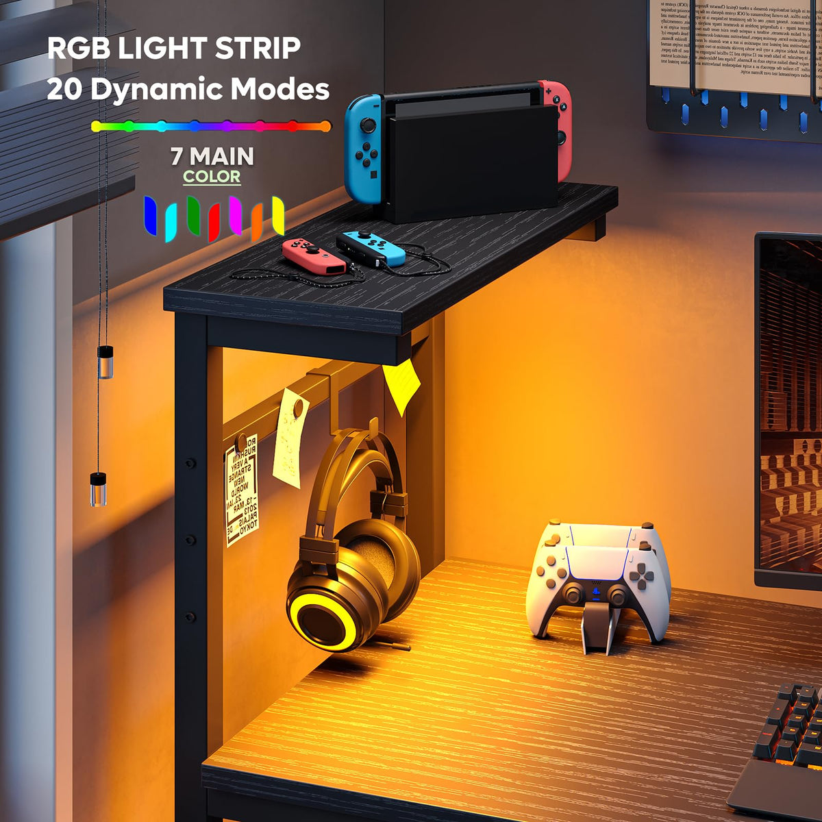 Bestier Computer Desk with Shelves Small Corner Desk with LED Lighting 113CM Reversible Computer Desk Writing Table with Side Pocket Storage Bag &