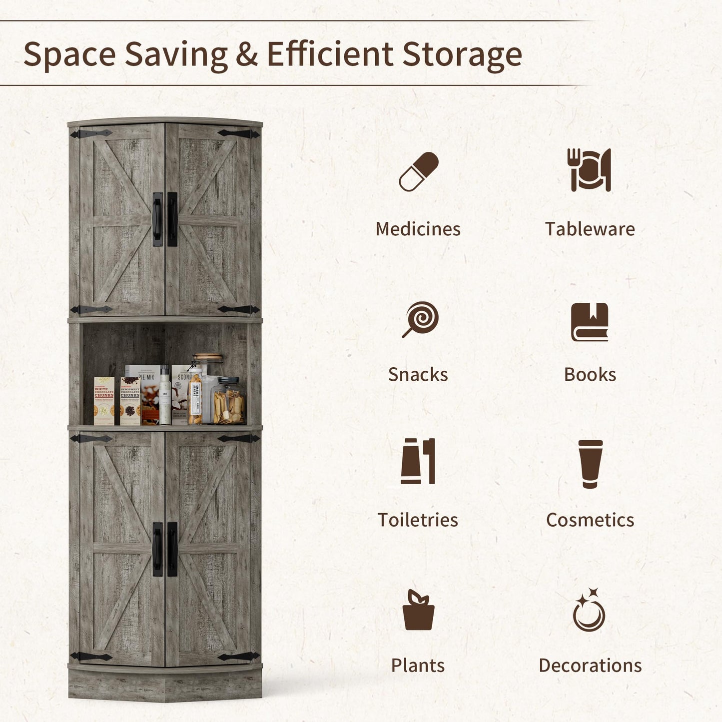 BonVache 165cm Tall Corner Storage Cabinet with Barn Doors, 5-Tier Farmhouse Corner Cabinet for Living Room, 4 Wooden Doors and 5 Shelves
