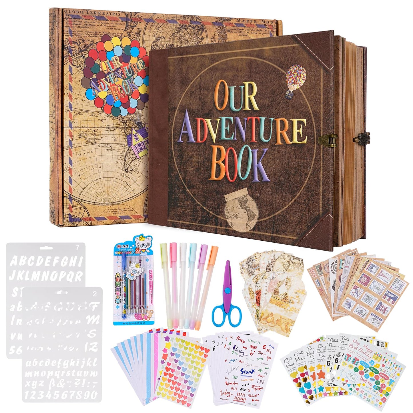 Our Adventure Book 146 Pages 8.9 * 7.7 Inch Scrapbook Photo Album with Scrapbooking Supplies,3D Retro Style Embossed Letter Cover Memory Book for