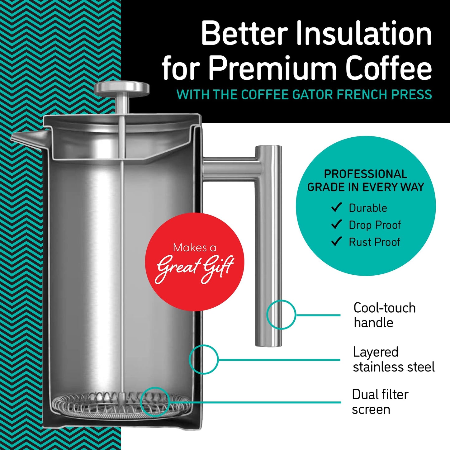 Coffee Gator Cafetiere - 1L French Press Coffee Maker with Jar - Large Capacity Double-Wall Insulated Stainless Steel Brewer - Hotter for Longer,Gray