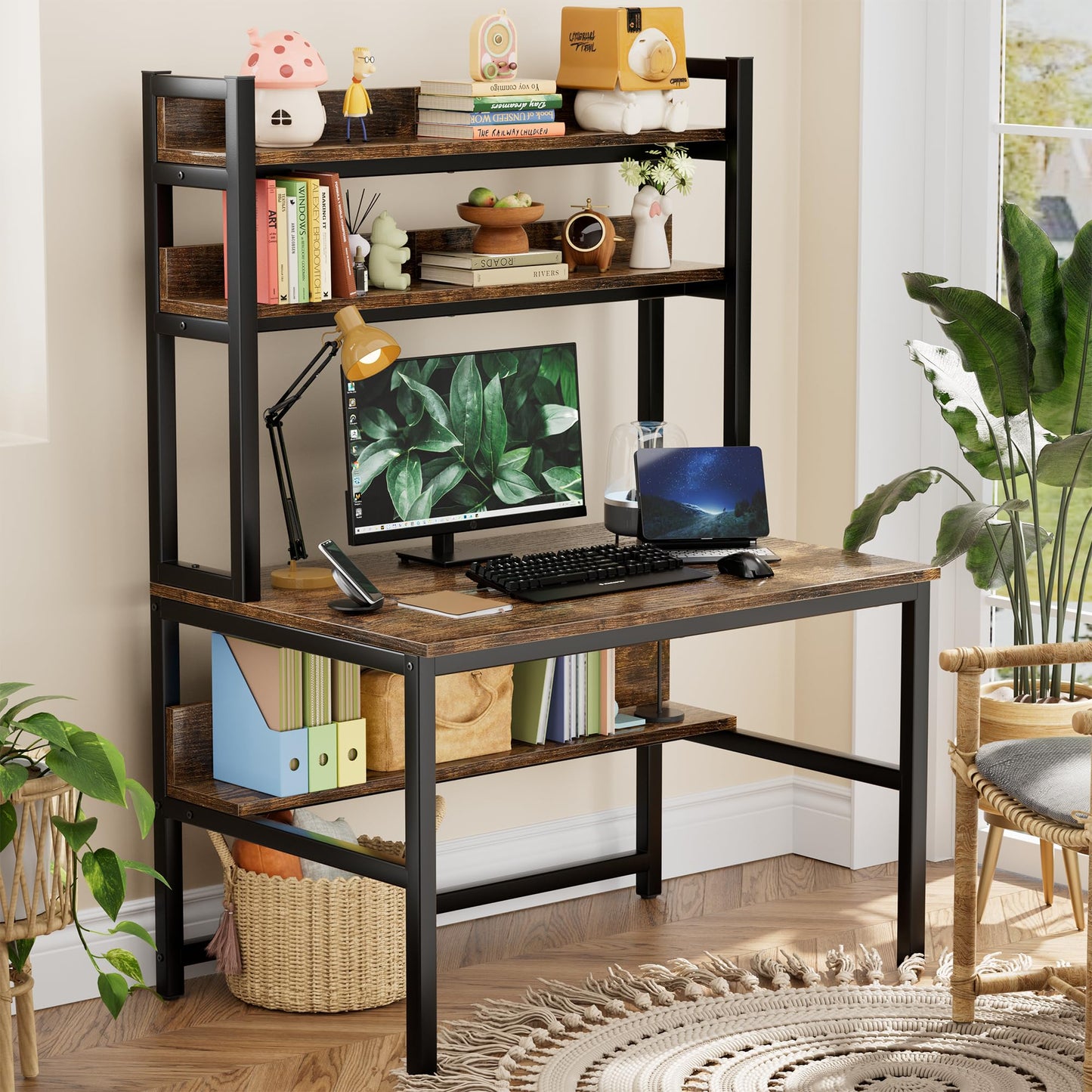 Aquzee Desk with Shelves, 100 cm Work Desk with Storage, Home Office Desk with Hutch and Bookshelves