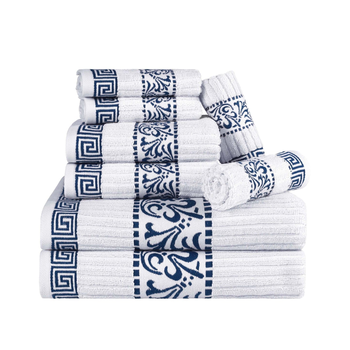 Superior 8 Piece Cotton Towel Set, Highly-Absorbent Plush Decorative Bohemian, Greek Key Trim Jacquard Dobby Border, Face Towels 13” x 13”