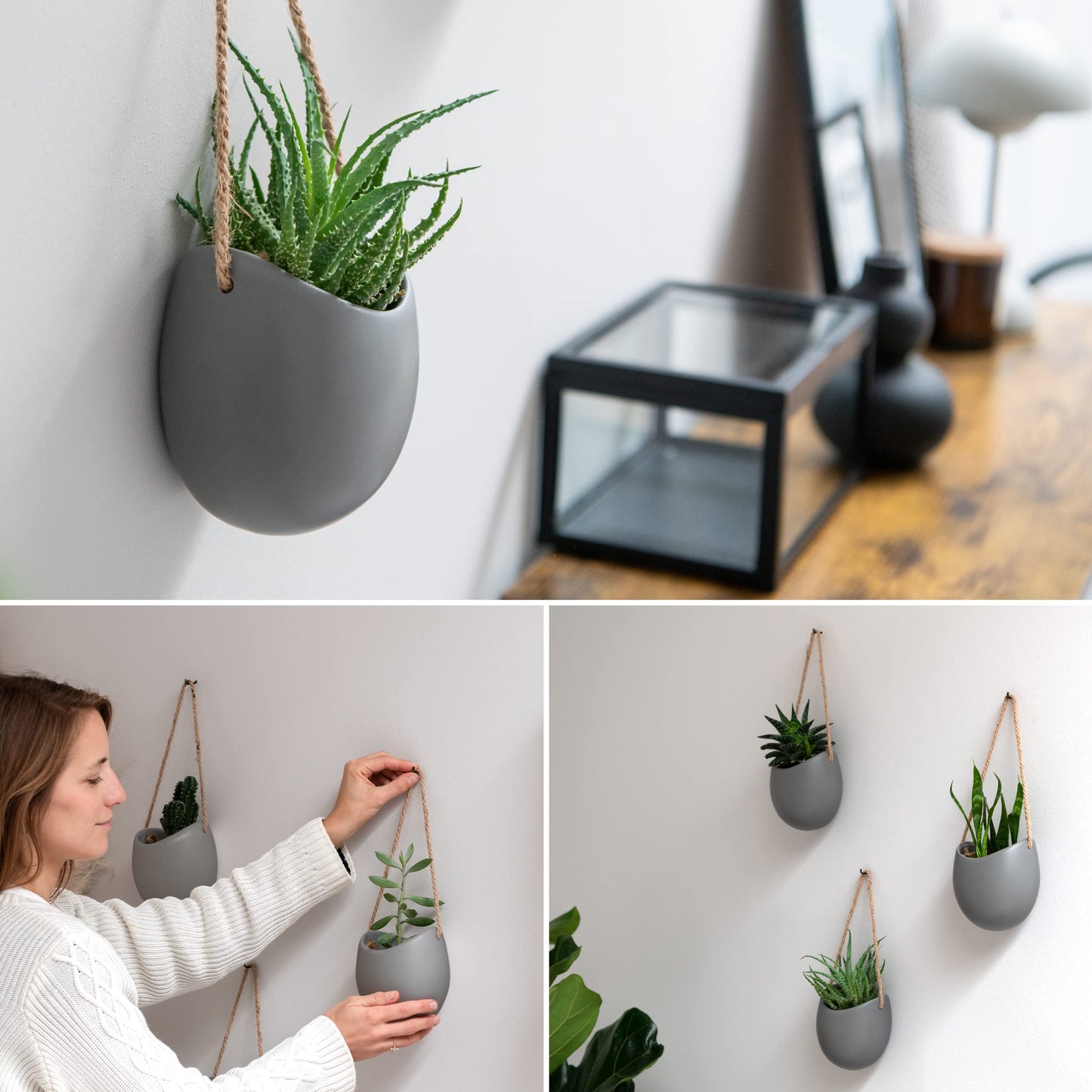 Kazai. Wall Planters -Ellie- | Hanging Ceramic Plant Pots, 3 Pieces, for Succulents and more | Wall Decoration for Indoors, Balcony and Garden | Grey