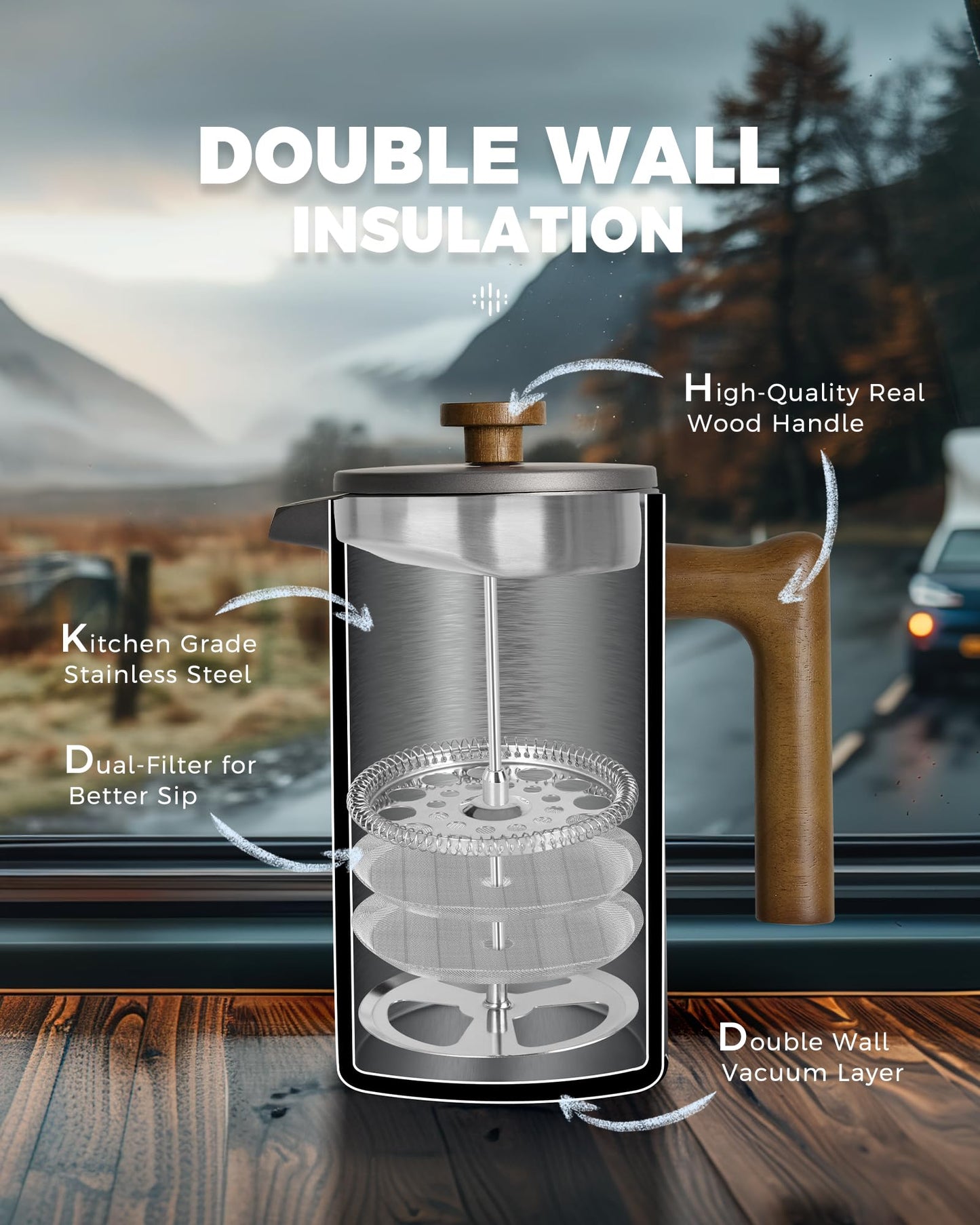 POLIVIAR Cafetiere 8 Cup, French Press Coffee Maker with Wood Handle, Double Walled Insulated Cafetiere &1 Extra Filter, Insulated 1L French Press for