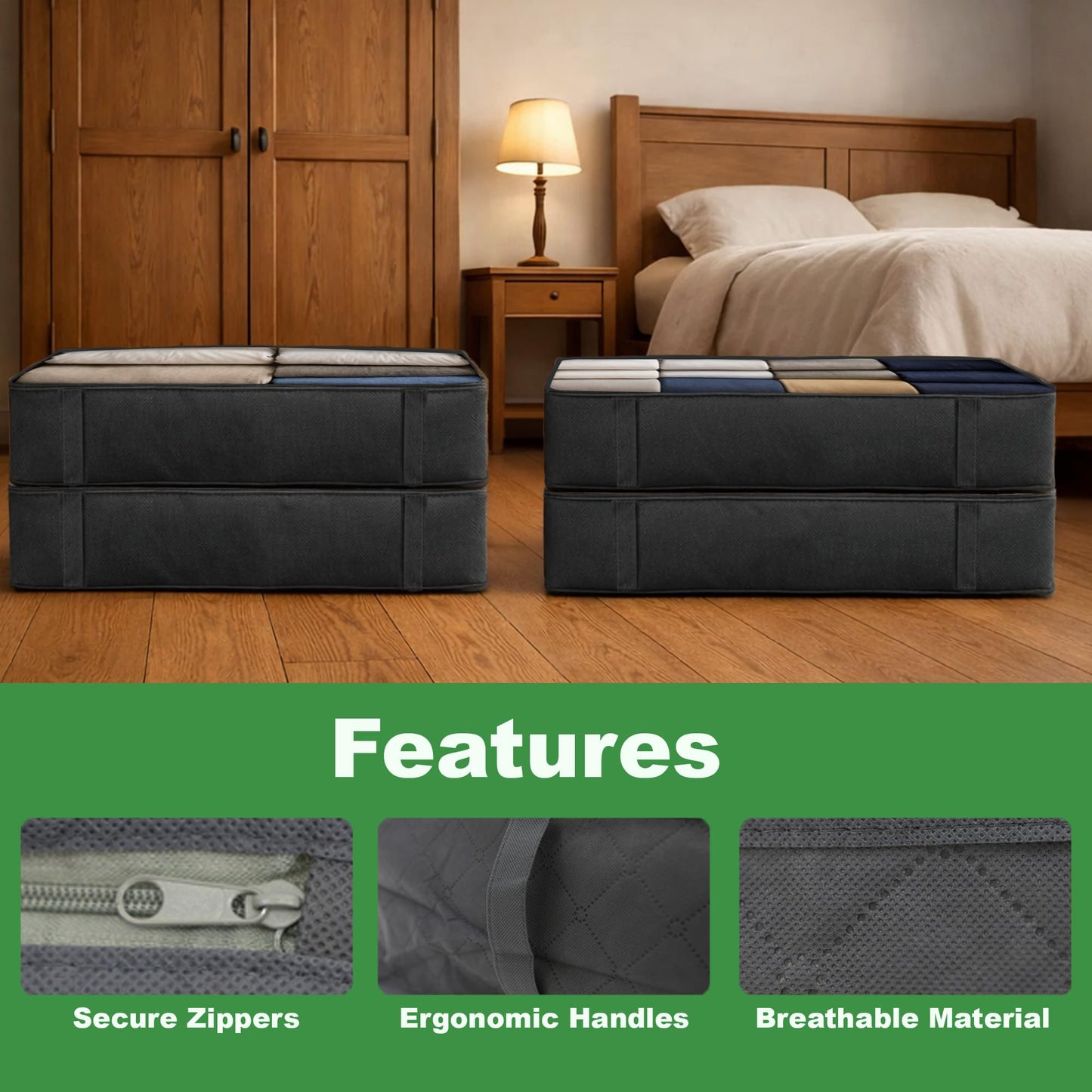 Libbi Lou Set of 4 Underbed Storage Bags – 90L Foldable Fabric Organisers with Clear Window & Handles – Compact Storage Boxes for Clothes