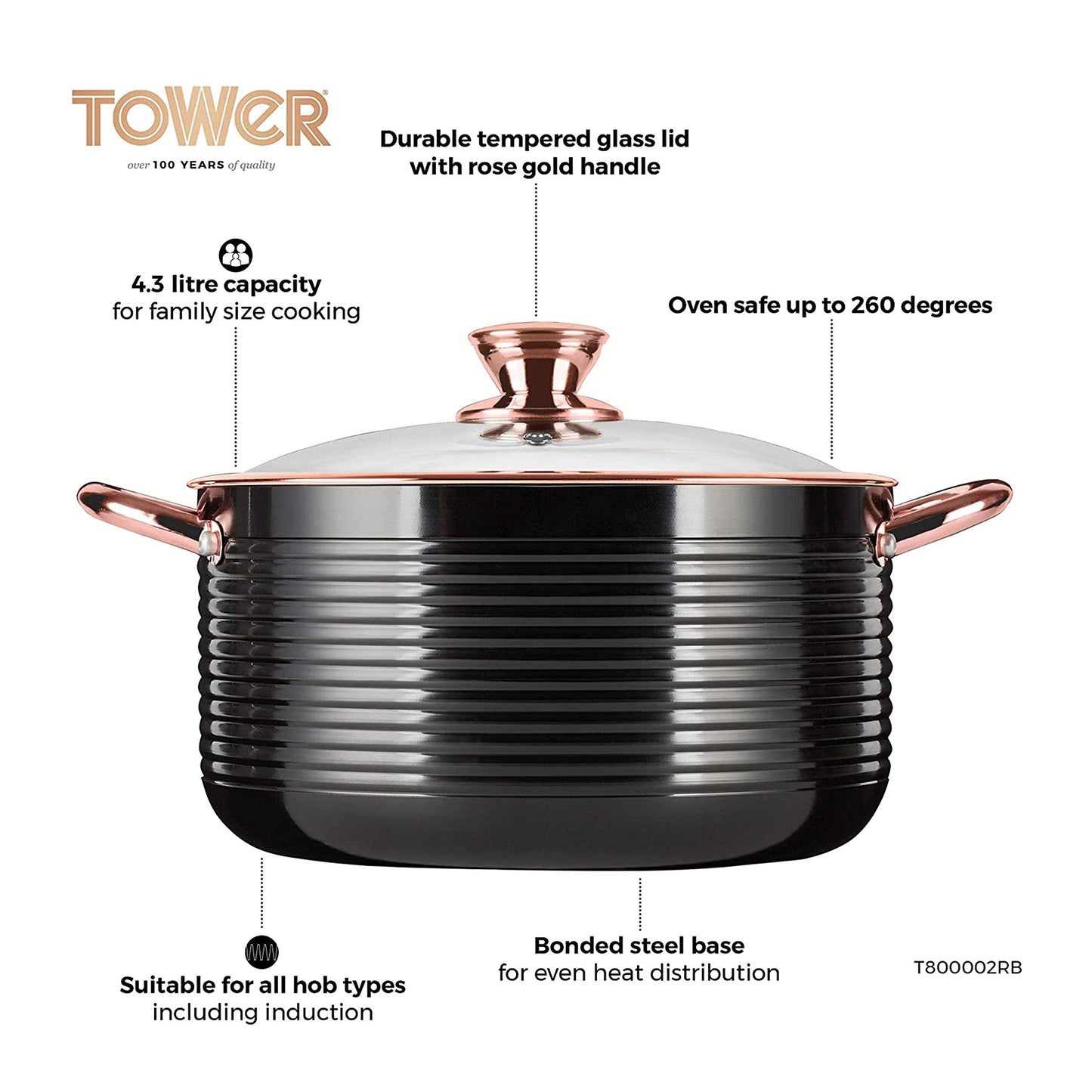 Tower T800002RB Casserole Dish with Lid, Linear Collection with Easy Clean Non-Stick Ceramic Coating, Aluminium, Black and Rose Gold, 4 Litres