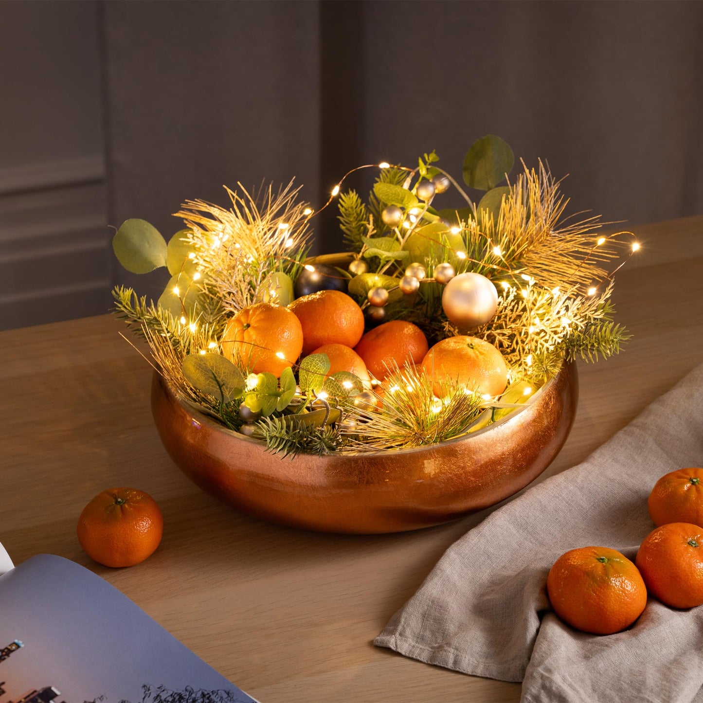 Dehaus Large Bamboo Fruit Bowl - 30cm, Copper Gold Leaf - Wooden Salad Serving Bowl - Fruit Basket for Kitchen or Bread Basket - Table Centrepiece