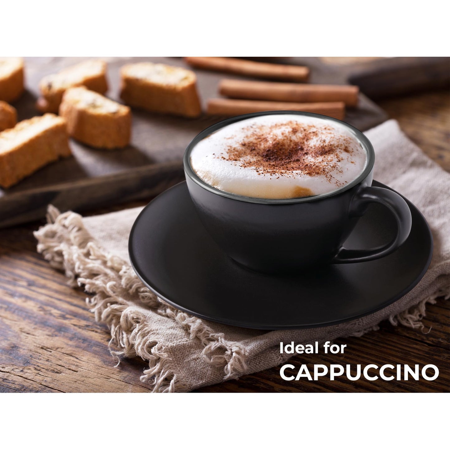 MIAMIO - Set of 6, Ceramic Stackable Cappuccino Cups Set / 175 ml Cappuccino Mugs and Saucer with Metal Stand for Coffee Drinks, Cappuccino, Latte,