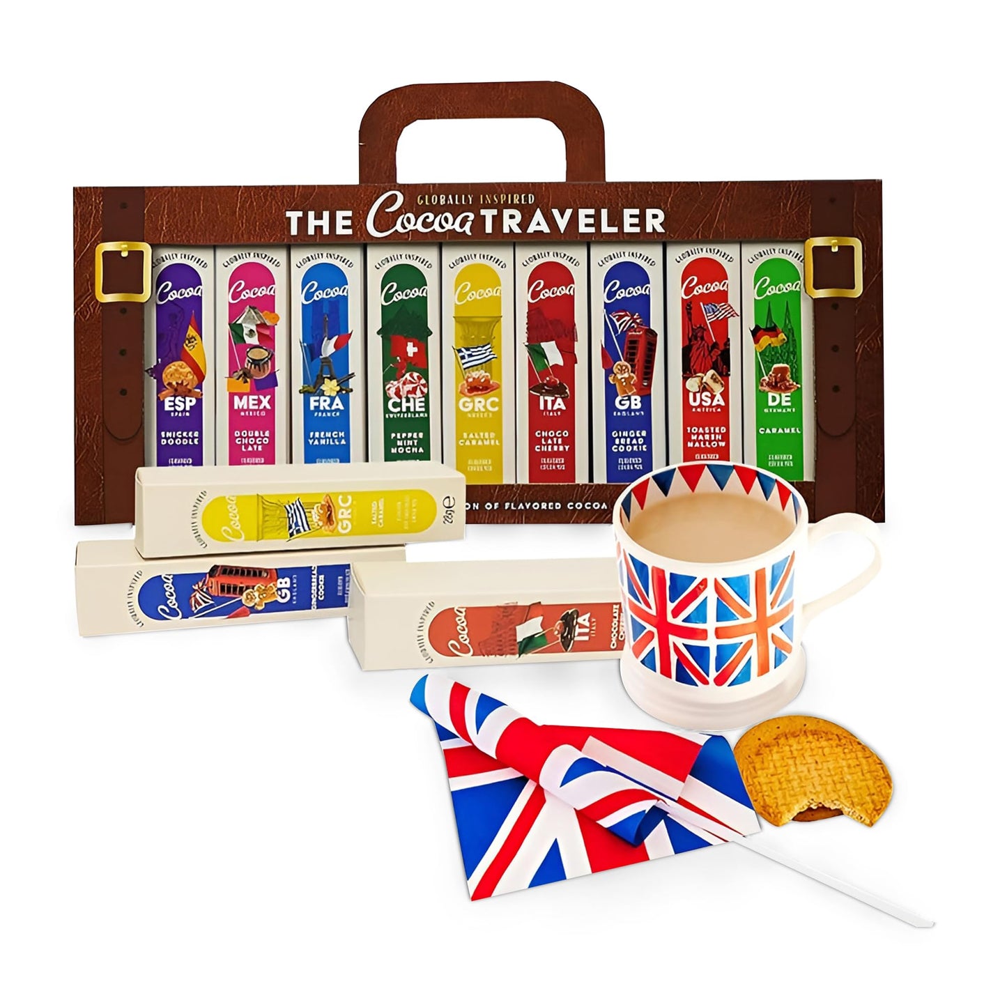 Cocoa Traveler Hot Chocolate Gift Set - 9 Hot Chocolate Drink Flavors from Different Countries in a Luggage Gift Set. Great for Christmas Eve Box