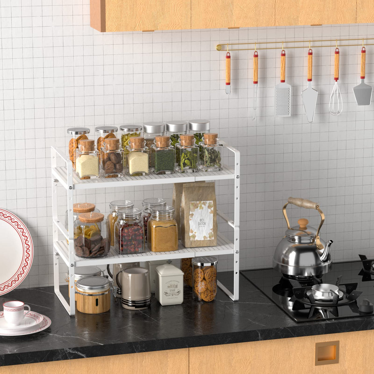 iPEGTOP Expandable Cabinet Storage Shelf Organizer Rack, Heavy Duty Steel Metal Spice Rack Adjustable Height Home Office Pantry Shelf Space for