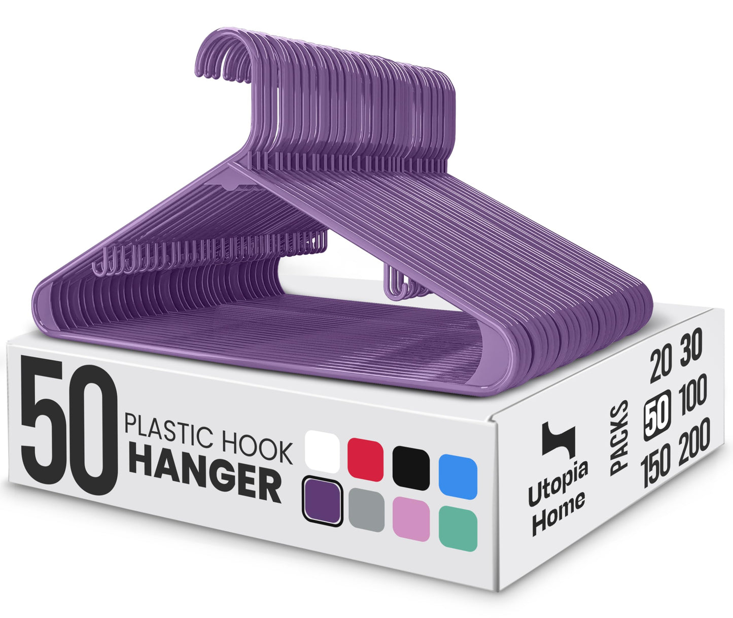 Utopia Home Plastic Hangers 50 Pack - Clothes Hanger with Hooks - Durable & Space Saving Coat Hanger - Heavy Duty Purple Hangers - Skirt Hangers
