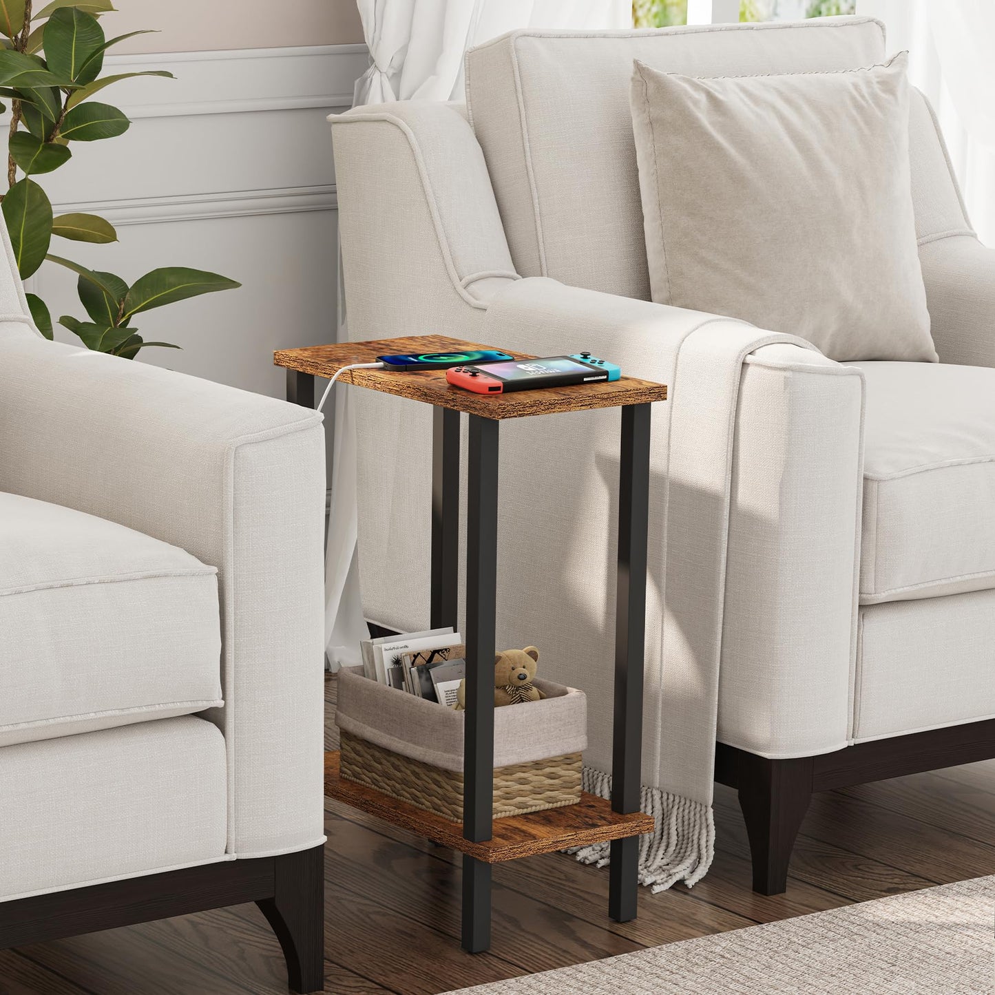 TUTOTAK Small Side Table, Narrow End Table, Set of 2, Skinny Sofa Table, Slim Nightstand, Living Room, Bed Room, Brown TB01BB0622EU