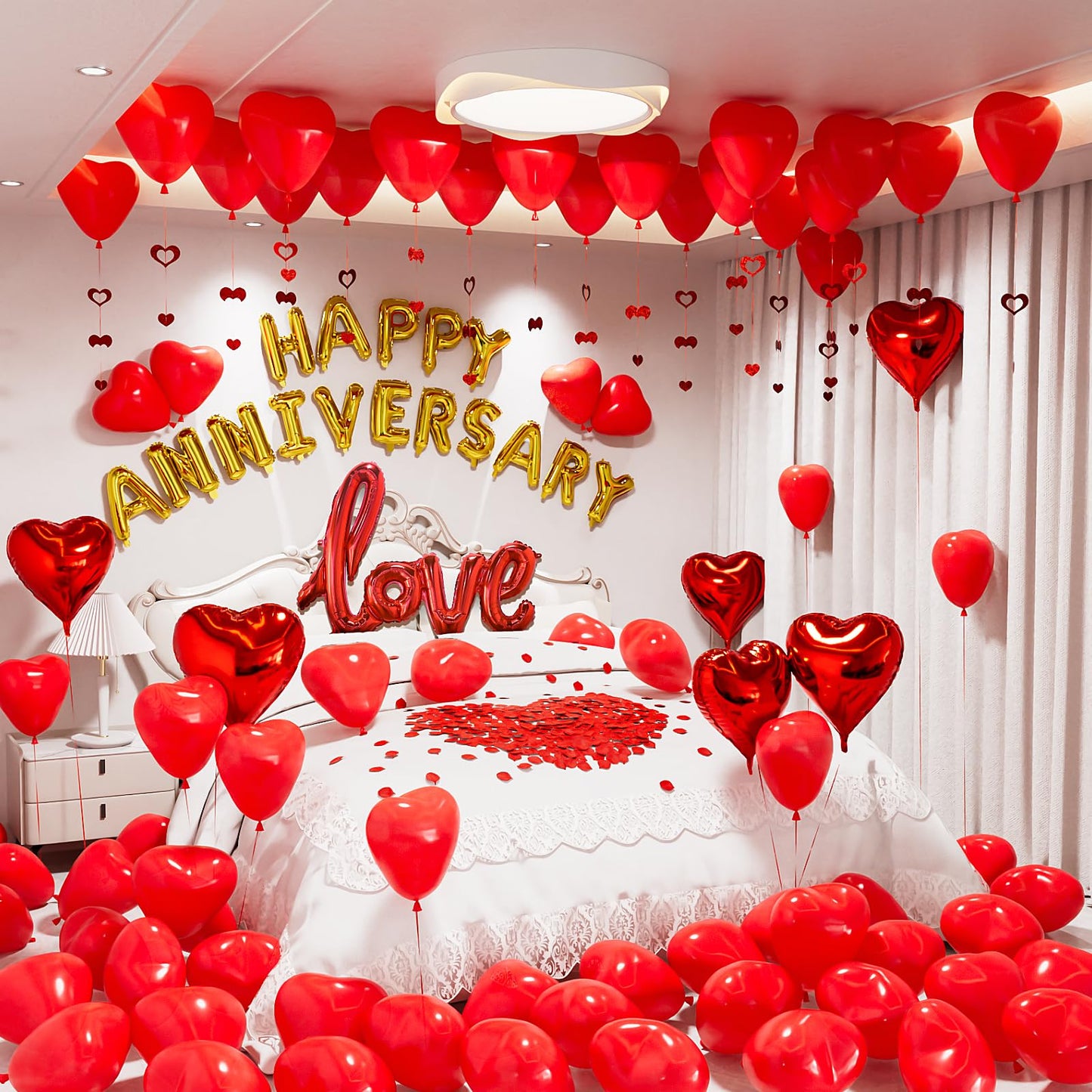 Adeyoo Anniversary Balloons Decorations - Valentines Day Balloon with Happy Anniversary Banner Red Heart Balloons Love Balloon Rose Petals Heart