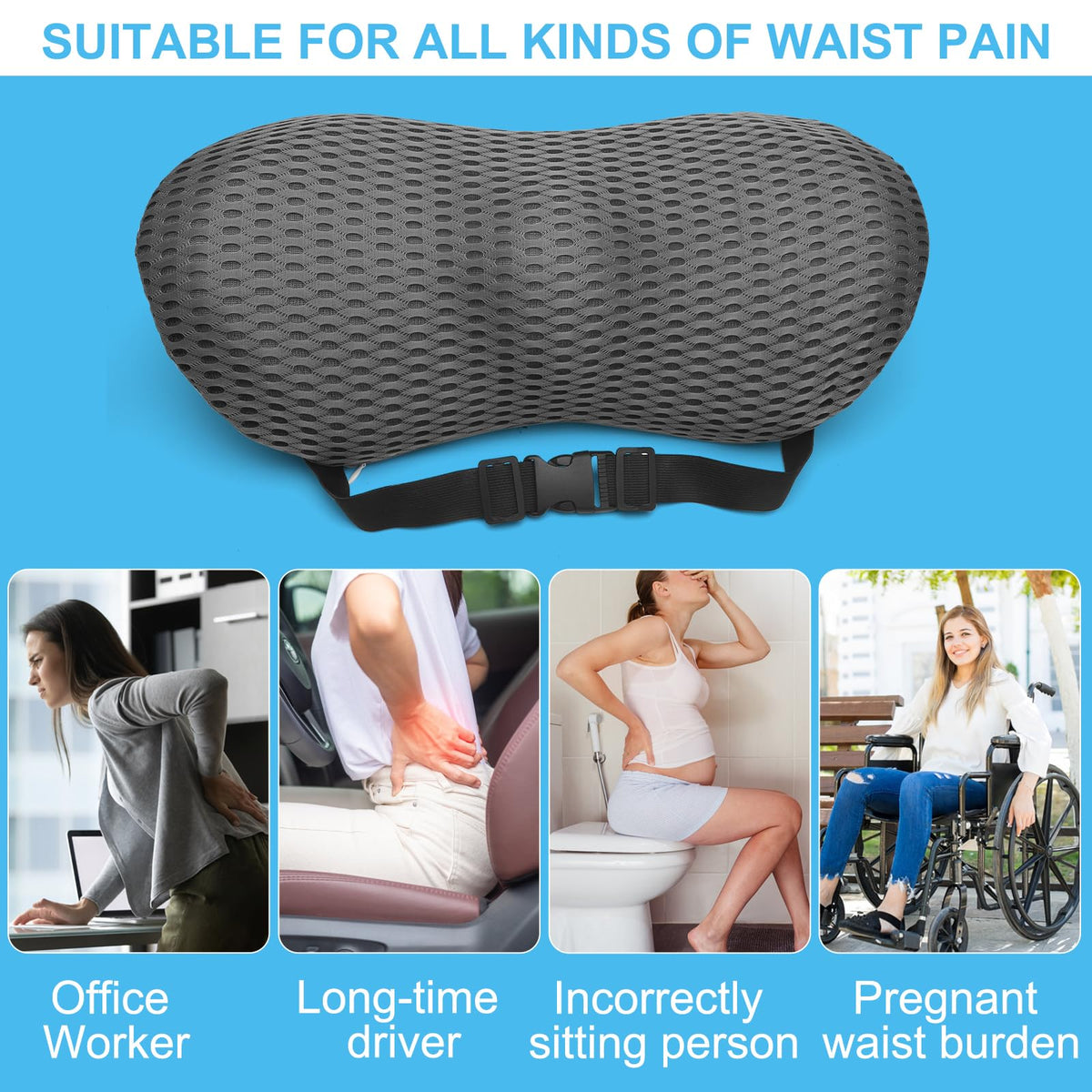 DAWRIS Lumbar Support Memory Foam Pillow, Lumber Support Cushions with Detachable Elastic Strap for Car Office Chair