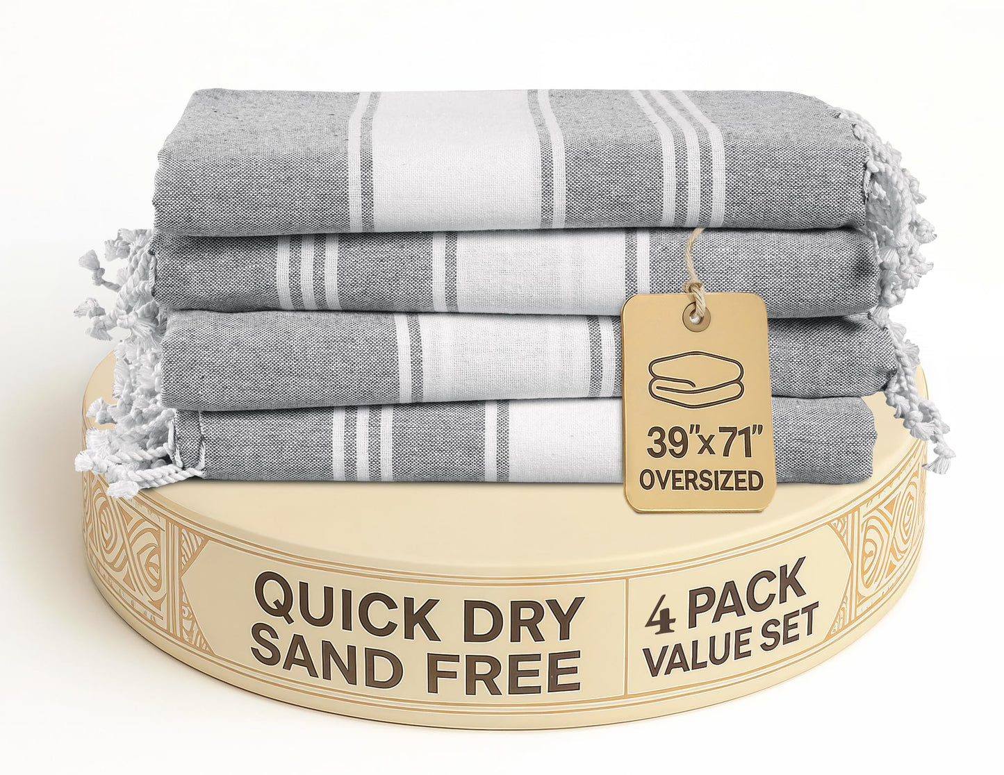 LANE LINEN Oversized Beach Towels ? 4 Pack, Cotton Rich & Quick Dry, Lightweight Sandproof Pool Towels for Adults, Pre-Washed & Absorbent, Alloy Gray