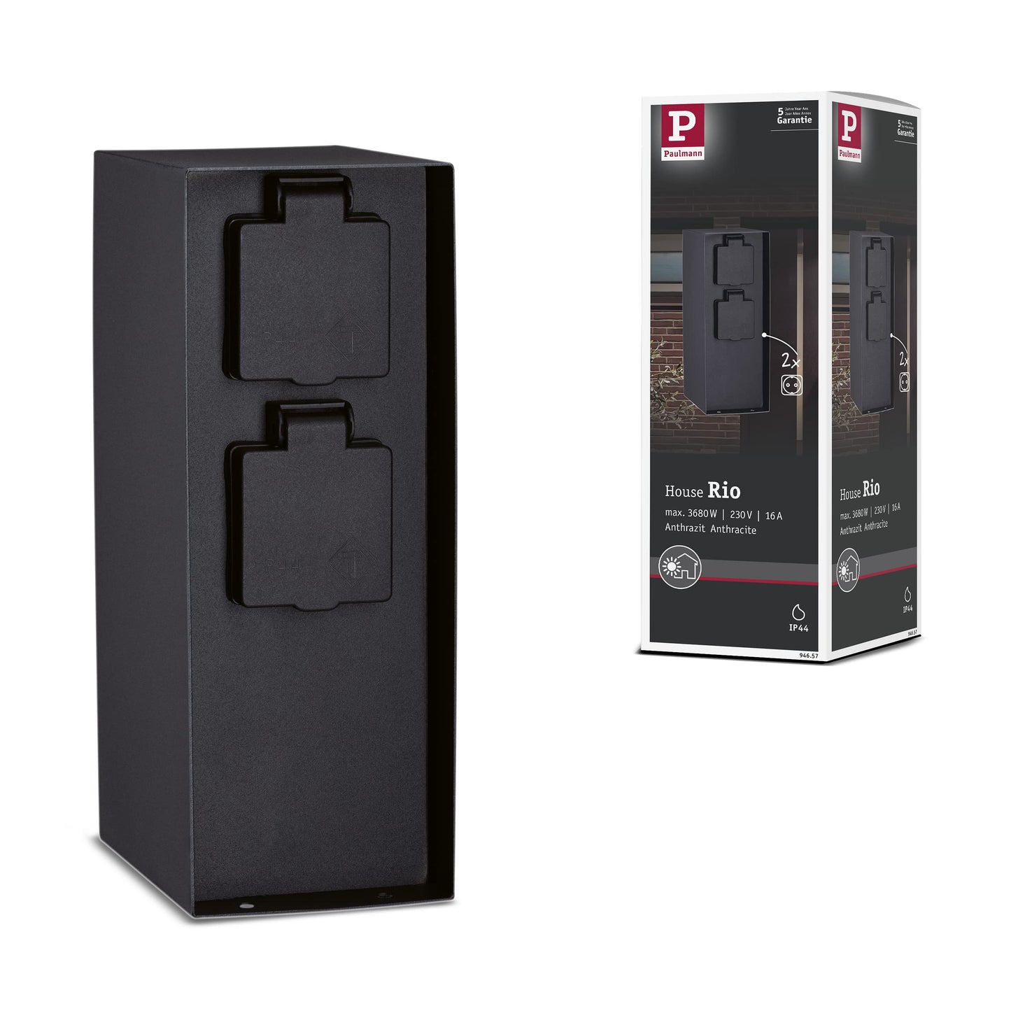 Paulmann Rio 94657 Outdoor Light Socket Column Double IP44 Square Max. 3,650 W Anthracite Power in Garden Metal Distributor