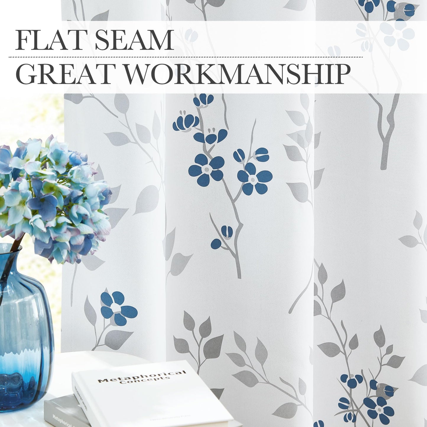 Beauoop Blue Grey Floral Blackout Curtains for Living Room Bedroom 90 Inch Drop Leaf Print Eyelet Curtain Botanical Thermal Insulated Noise Reducing