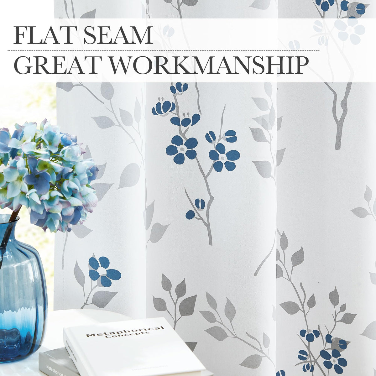 Beauoop Blue Grey Floral Blackout Curtains for Bedroom Living Room 72 Inch Drop Leaf Print Eyelet Curtain Botanical Thermal Insulated Noise Reducing