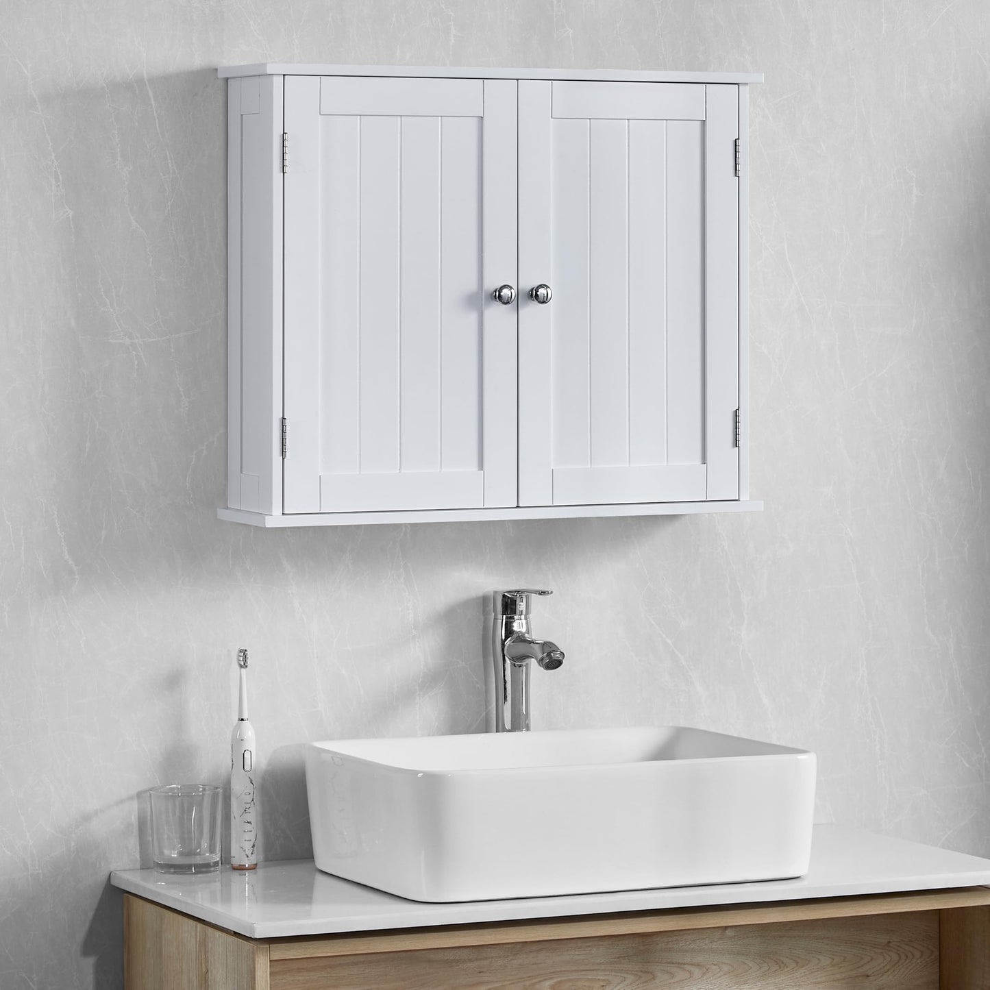 Bath Vida Priano 2 Door Bathroom Wall Cabinet | White | Space-Saving Storage | 50H x 60W x 15D cm | Adjustable Shelf | Modern Wooden Cupboard Unit