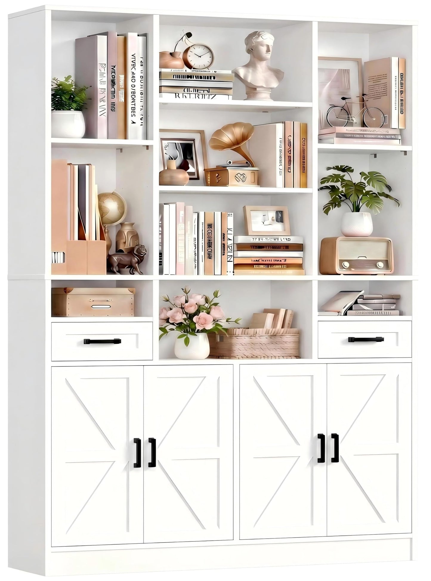IRONCK Bookcase Bookshelf with Doors & Drawers 190cm Tall Living Room Bookcases,10 Multi-Size Open Compartments, Free Standing Display Shelf