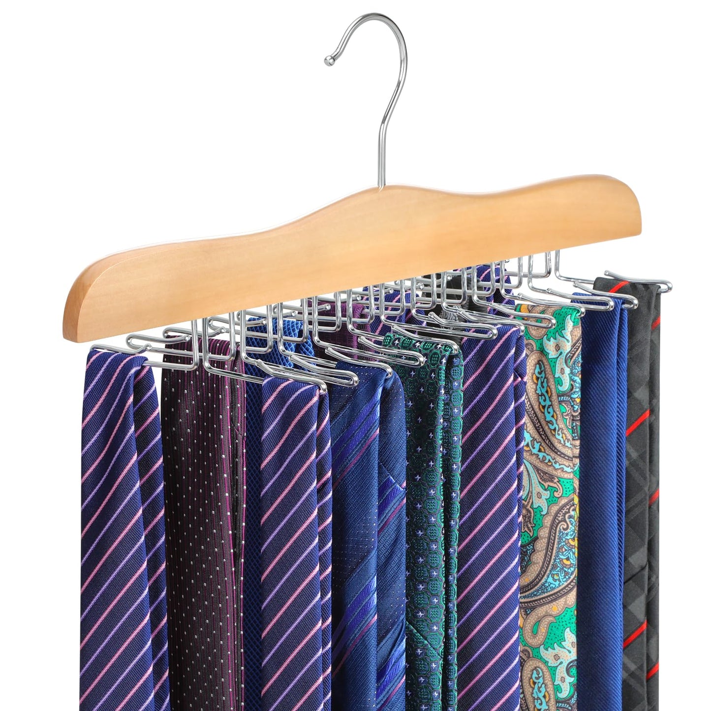 TOPIA HANGER Tie Rack Hanger for Closet, Wooden Tie Organizer for Men with 24 Folding Hooks, Space Saving Necktie Holder for Storage and Display Bra