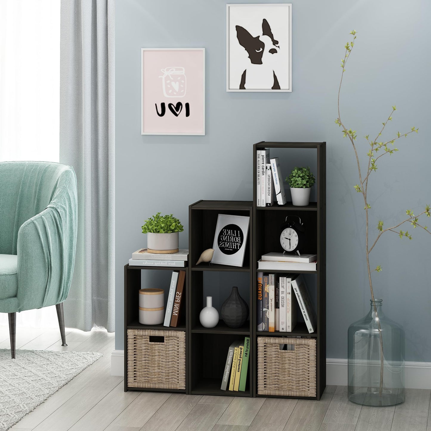 Furinno PELLI Book Shelf, 4x1 Bookshelf, Cube Storage Organizer Cabinet, 11.6 x 12.2 x 47.7, for Living Room, Bedroom, Home Office, Espresso