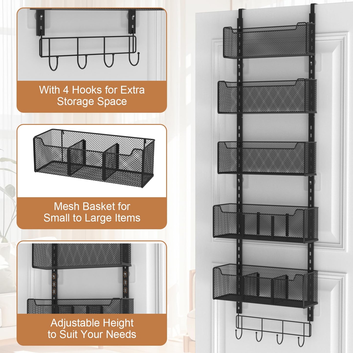 VyGrow Over The Door Storage, Metal Door Organiser Hanging with 5 Adjustable Baskets and Coat Hook