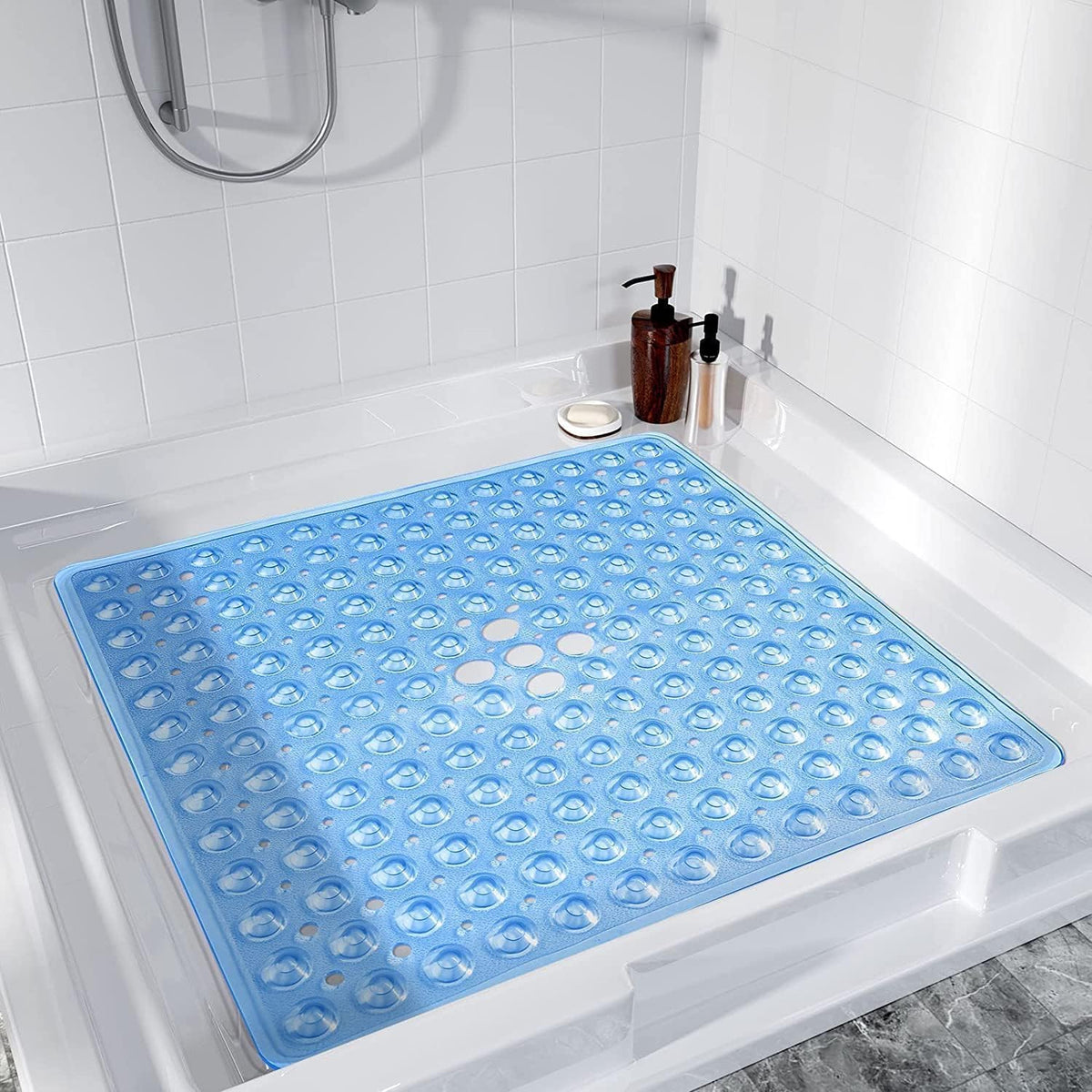 BedLooms Shower Mat Non Slip Anti Mould – Blue 53x53 cm Square Bath Mat for Bathroom & Bathtub with Strong Suction Cups Grip Bath Mats Easy Drain &