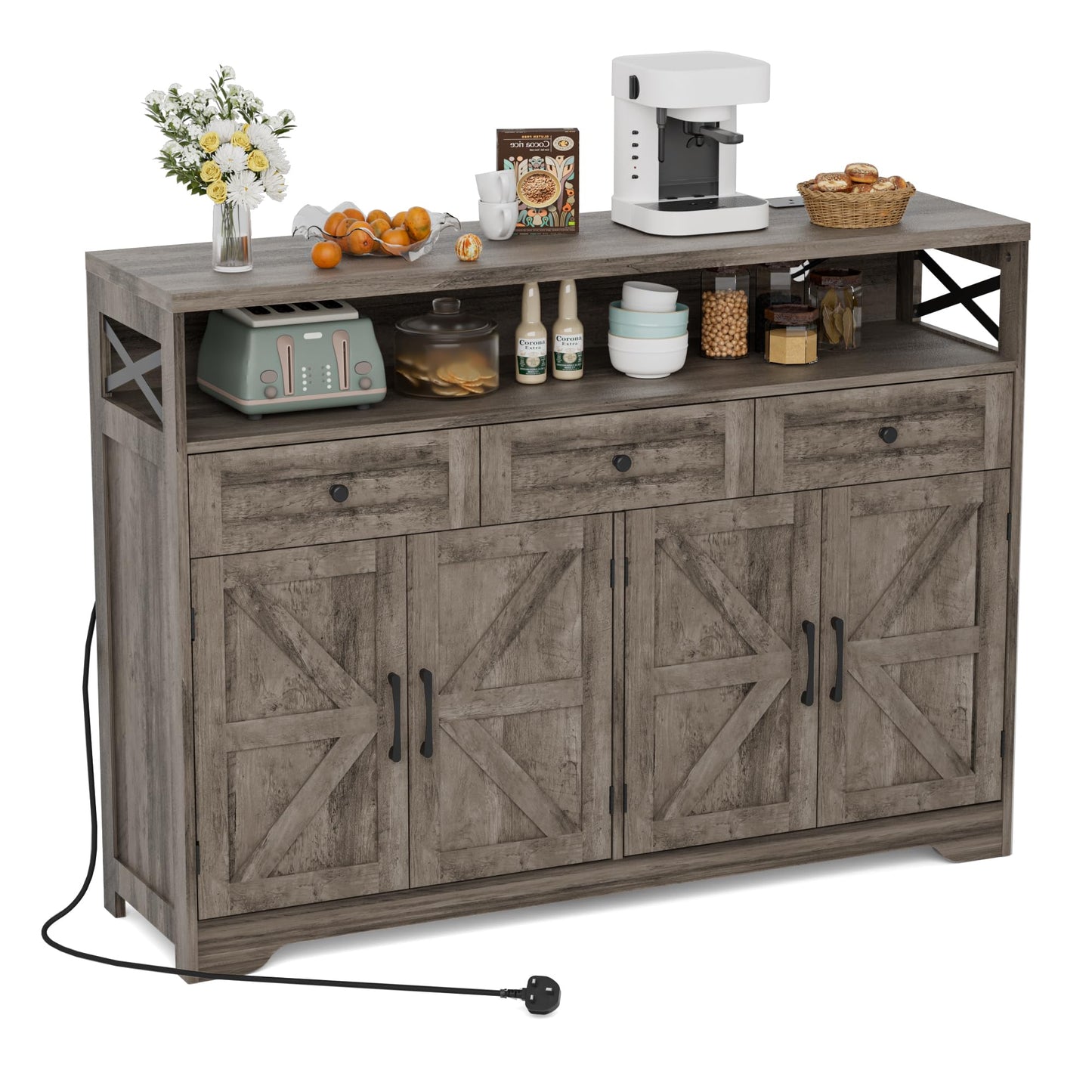 BonVache Sideboards Cabinet with Power Outlets,Wooden Storage Sideboard with Adjustable Shelf,3 Drawers and Open Shelf,Buffet Cupboard for Living