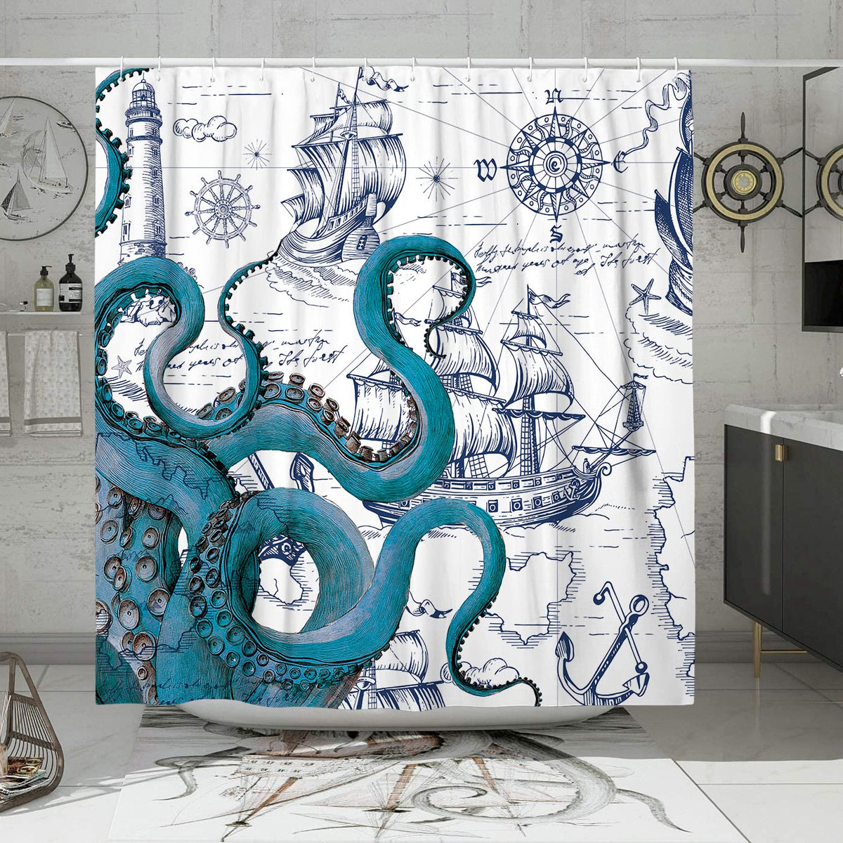 DESIHOM Blue Nautical Octopus Shower Curtain Set, Funny Ocean Kraken Shower Curtains for Bathroom, Beach Coastal Pirate Map Decor Polyester Fabric-72"