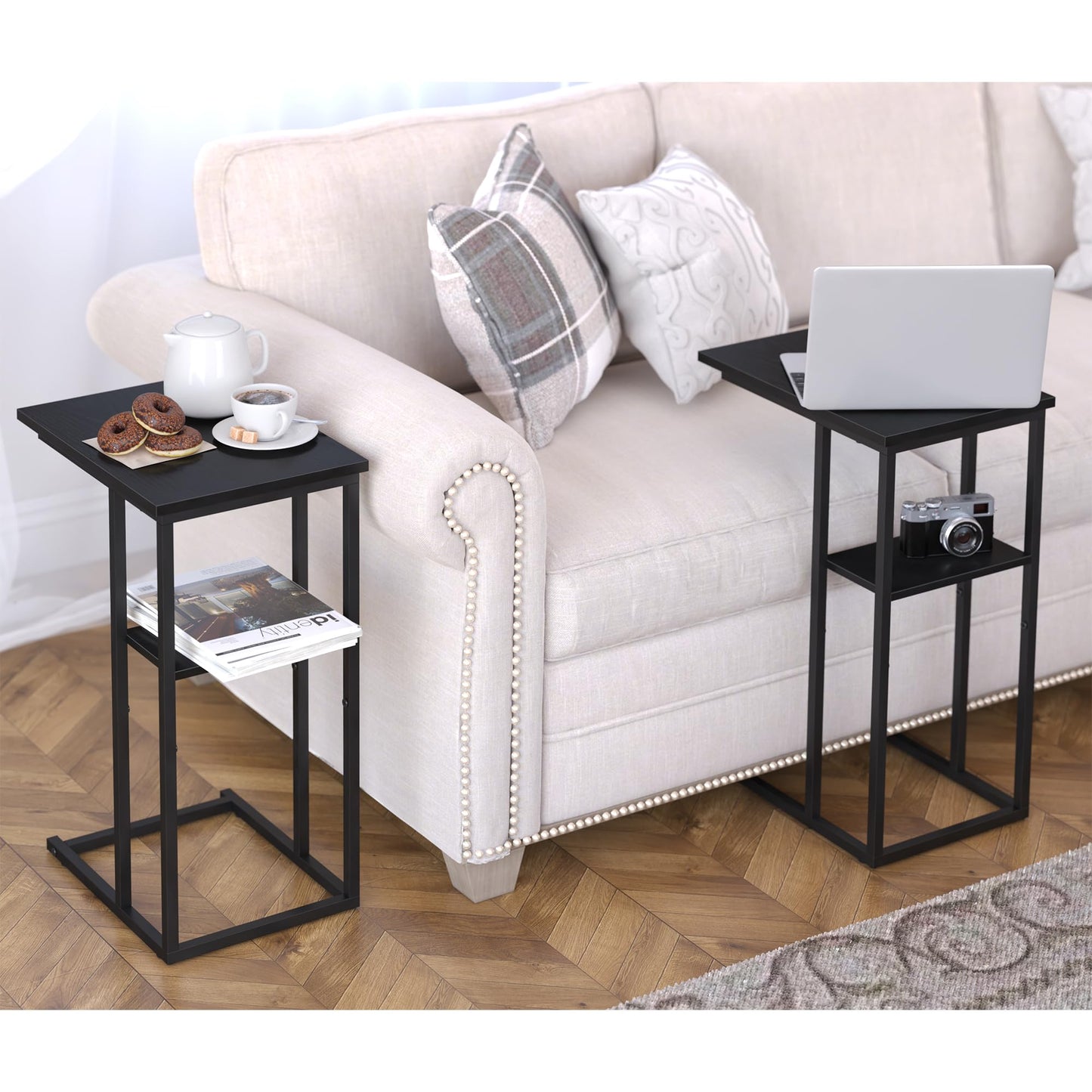 Yusong C Shaped End Table, 2 Tier Side Tables Slide Under Sofa Couch Bed, Small TV Tray Bedside Table for Small Spaces, Living Room, Bedroom, Black