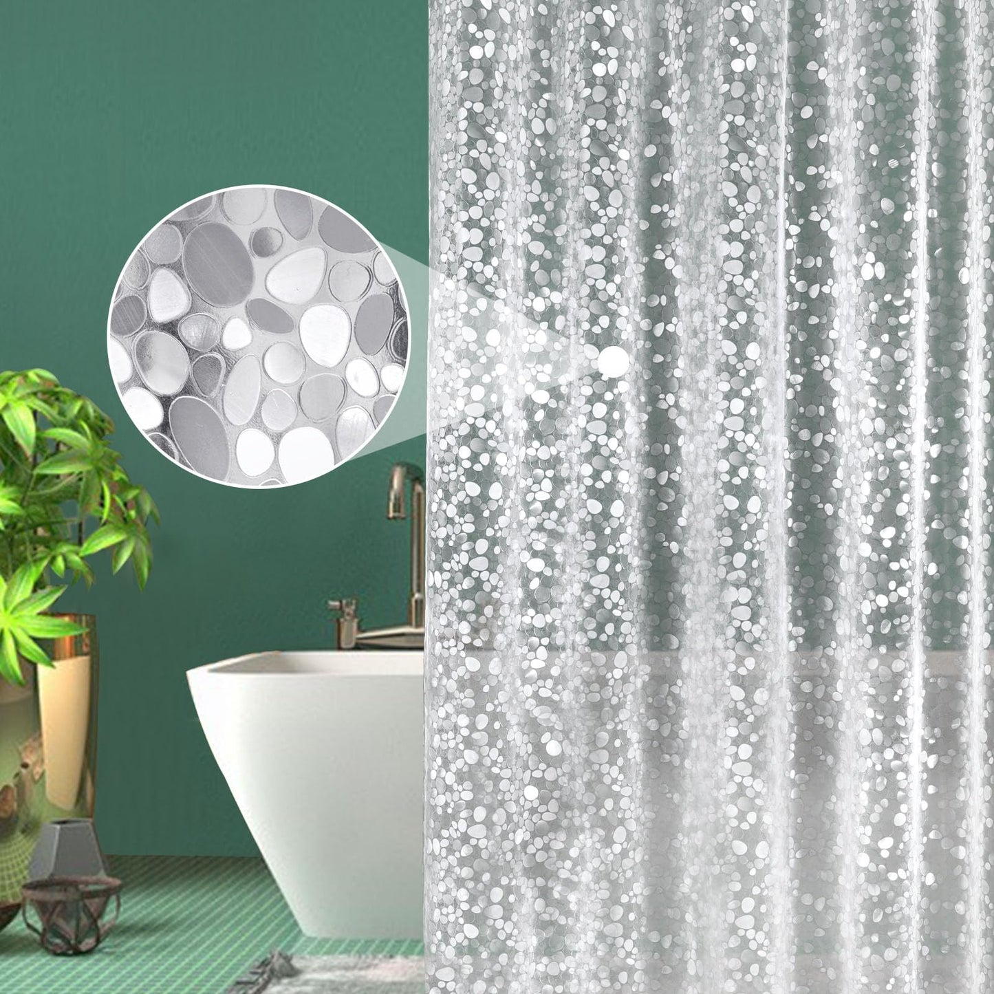 EurCross Eco-friendly Shower Curtains with Crystal Stone, Waterproof and Mildew Resistant Semi-Transparent Bathroom Curtain with Hooks - cobblestone -