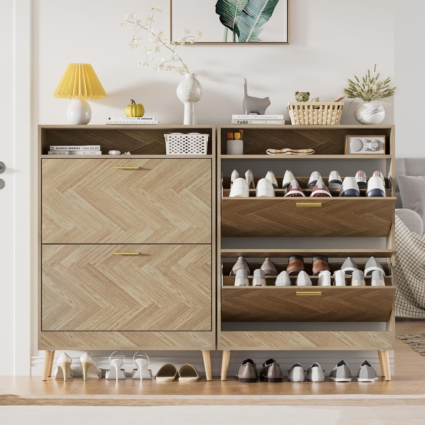 Skokliz Shoe Storage Cabinet, Narrow Shoes Cupboard with 2 Flip Drawers and Open Compartment